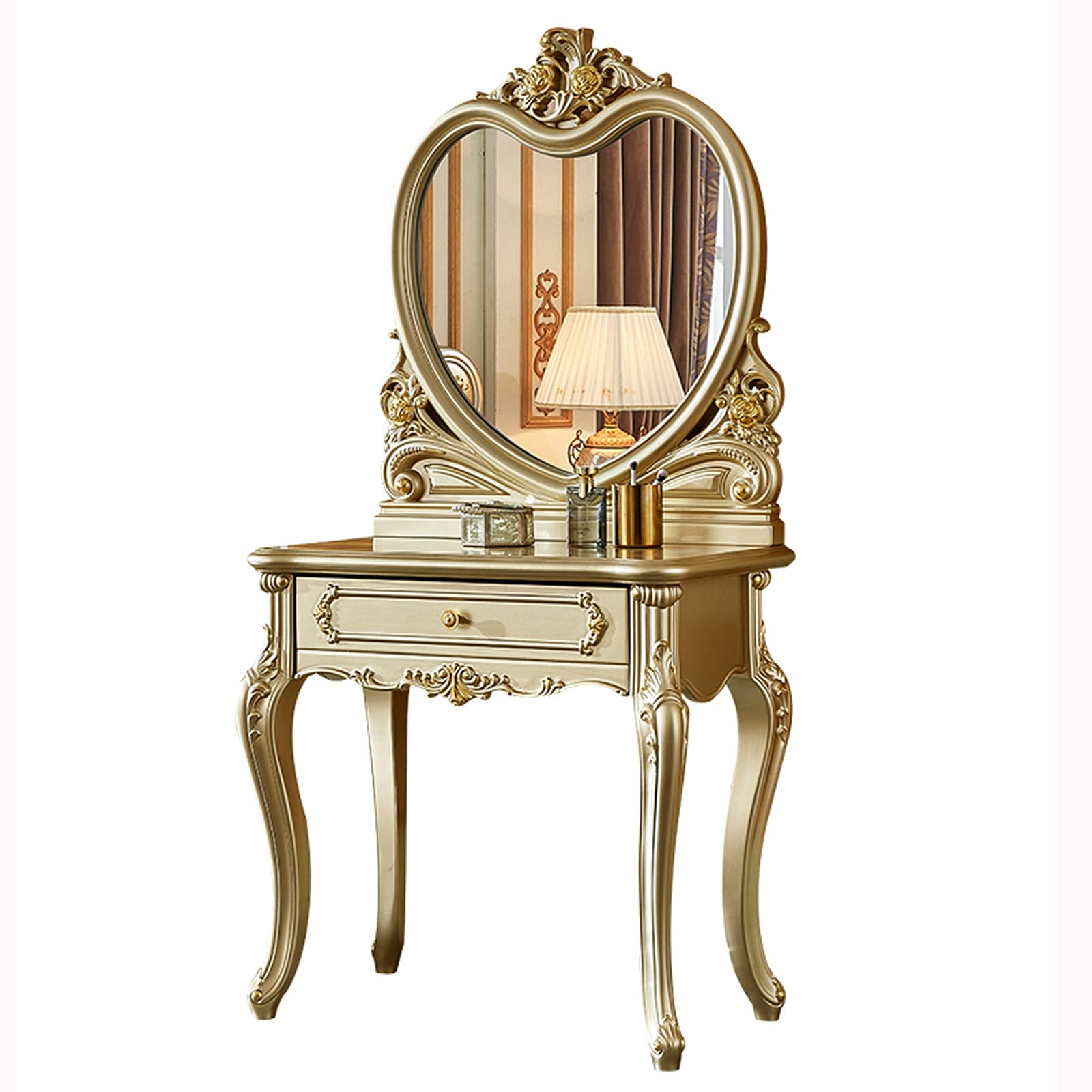 Vanity Makeup Table with Heart Mirror & Drawer for Bedroom - Perfect Dressing Table for Women & Girls
