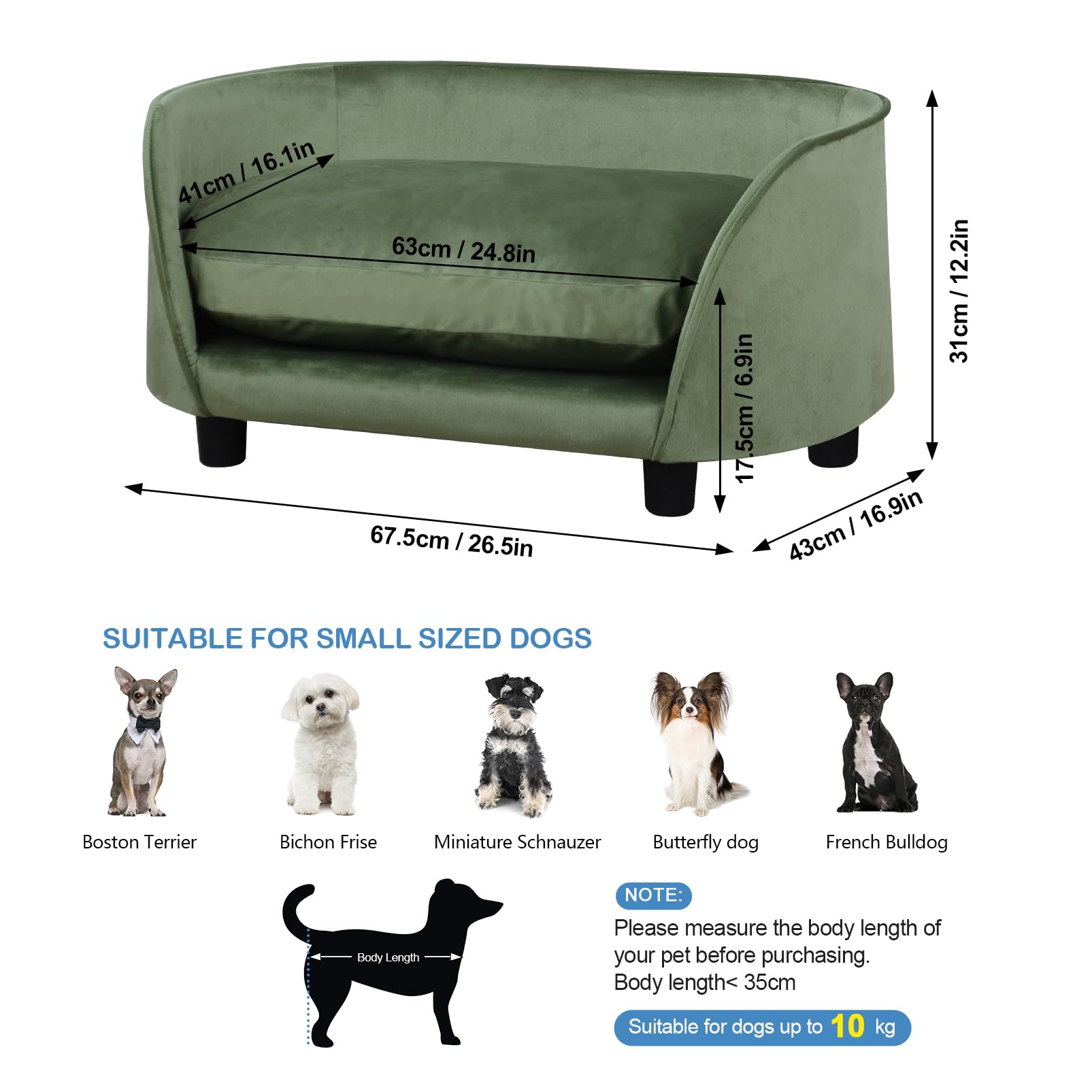 Premium Pet Sofa Bed for Small Dogs & Cats - Wooden Frame Velvet Washable Cushion - Cozy Dog Couch & Cat Bed for Living Room, Bedroom & Office (Green)