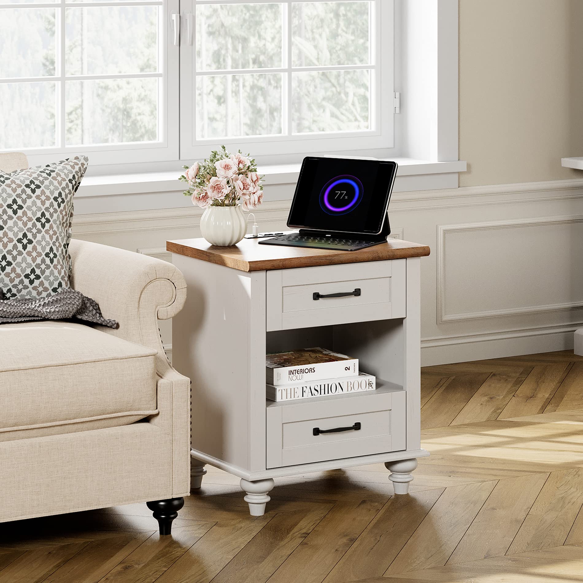 WAMPAT Set of 2 White Nightstands with USB Charging Station & 2 Drawers - Mid Century Modern Bedside Tables for Bedroom, Living Room & Dorm - Perfect for Phone Charging, Storage & Home Decor