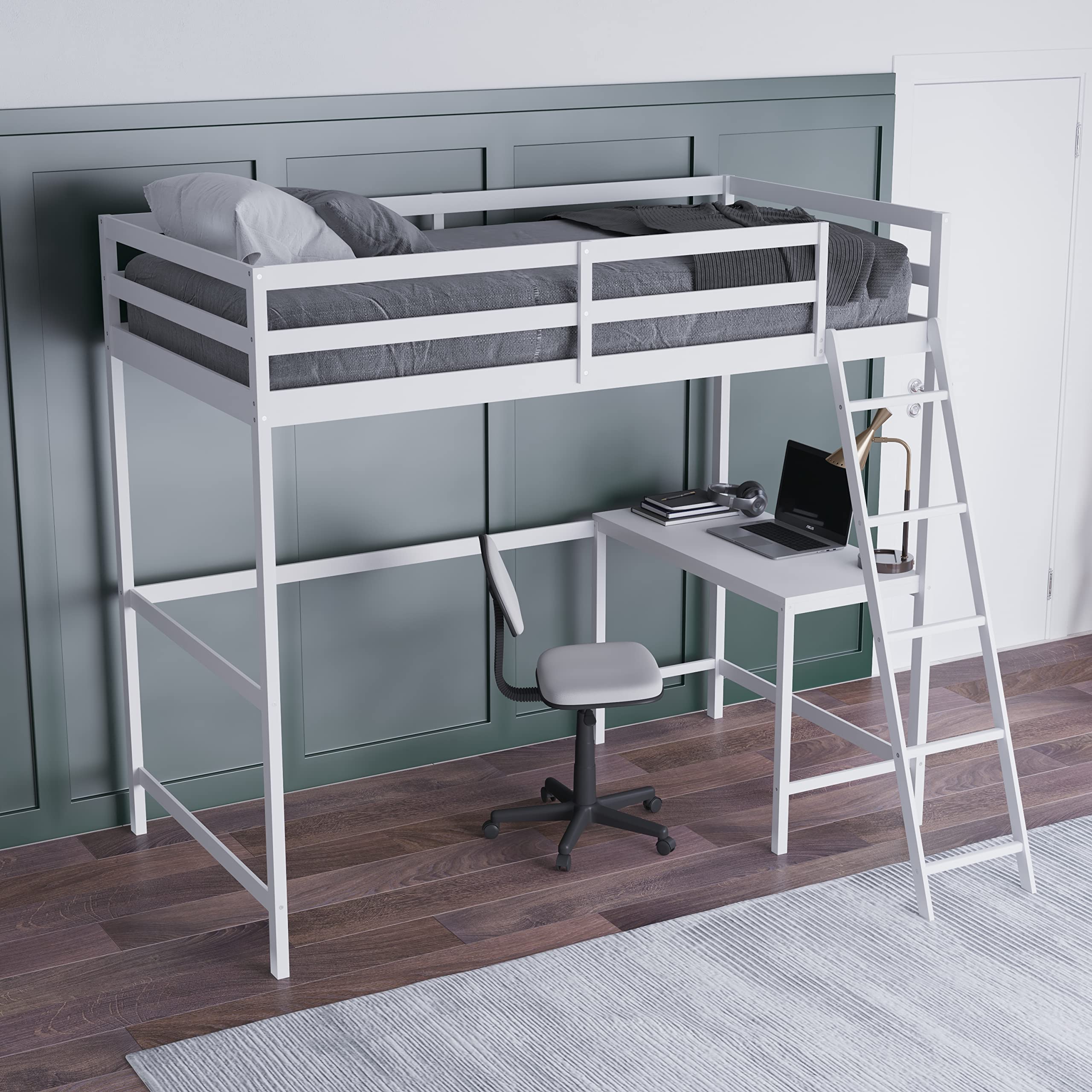 Emma & Oliver Ridley Full Size Loft Bed with Desk - White Pine Wood Frame - Underbed Study Space - Safety Guardrails - Fits 6-8