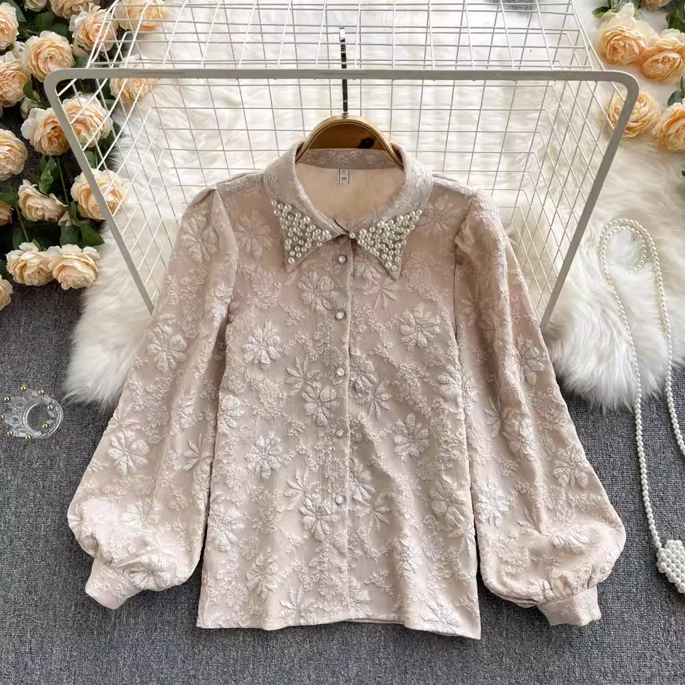 French Retro Beaded Polo Collar Shirt - Loose Puff Sleeve Blouse for Women - Vintage Inspired Casual & Party Tops - Perfect for Date Night, Office Wear and Summer Outfits