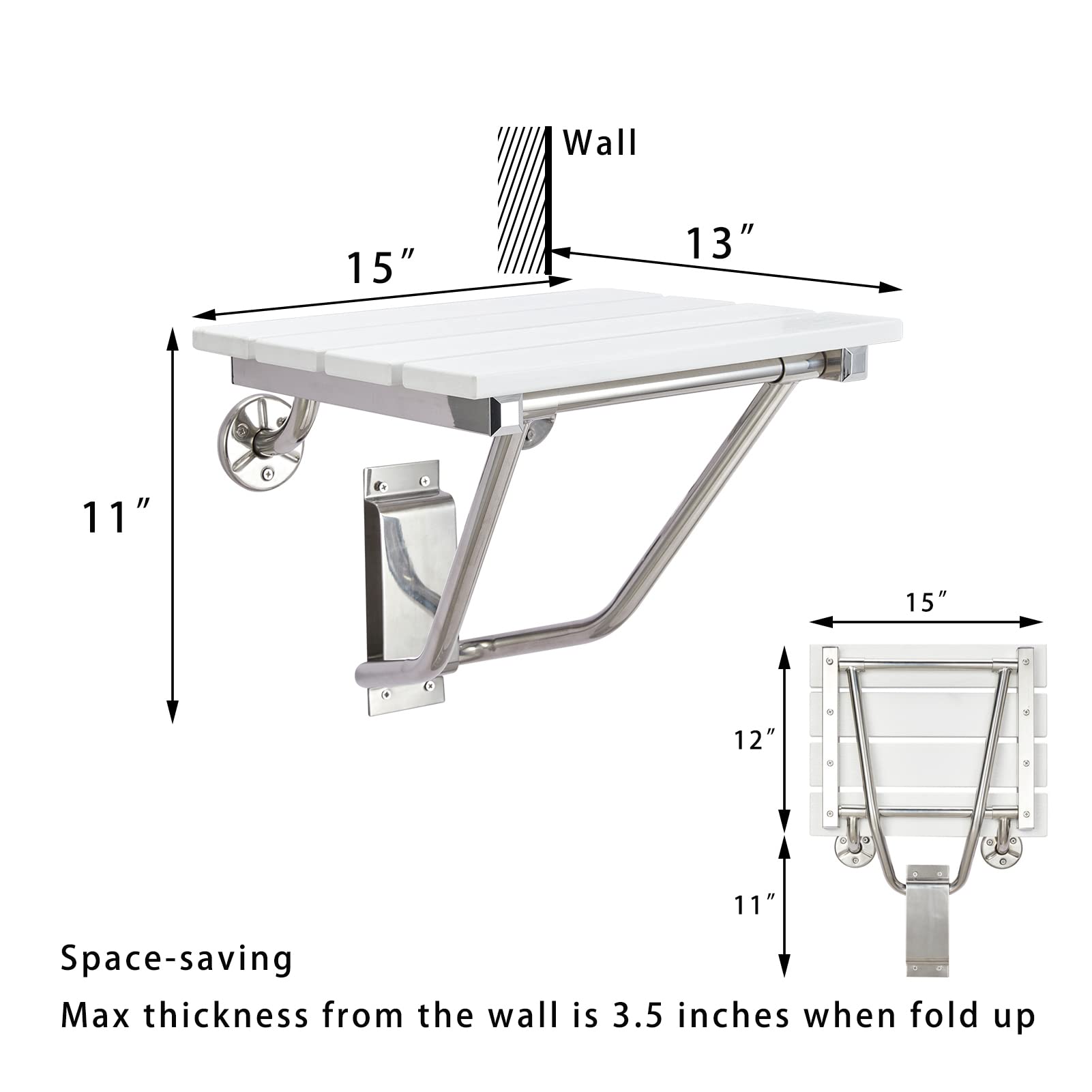 Foldable Wall Mounted Shower Seat & Bench - Sturdy 350lb Capacity, Space Saving Collapsible Shower Stool for Bathroom, Bathtub & Small Spaces - Perfect for Elderly, Disabled & Handicap Safety (Plastic Wood Design)
