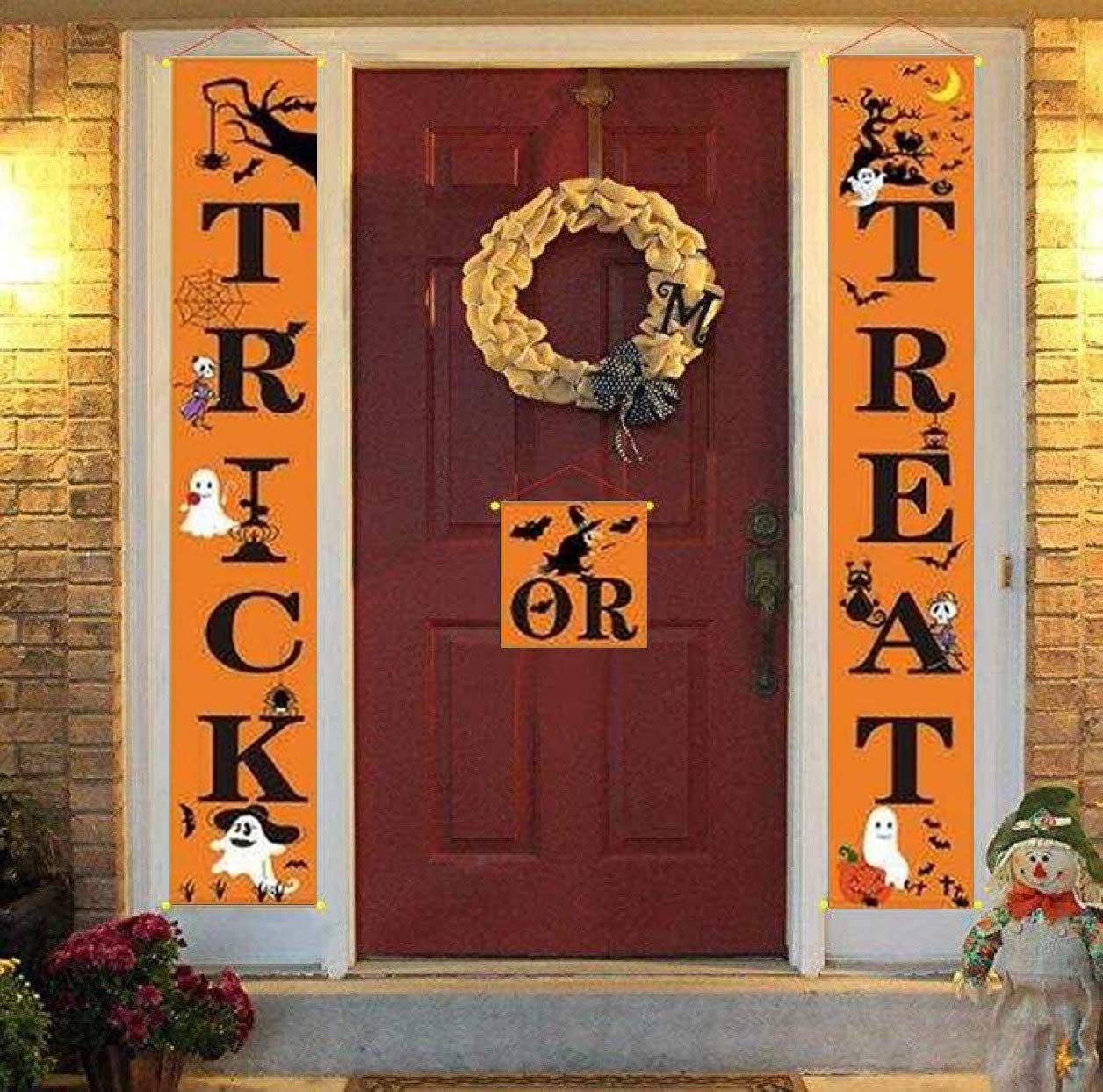 Halloween Trick or Treat Front Door Hanging Banner - Outdoor Wall Decor for Porch, Garden & Patio - 3-Piece Orange Party Decoration Set - Perfect for Halloween Parties, Home Decor & Spooky Outdoor Displays