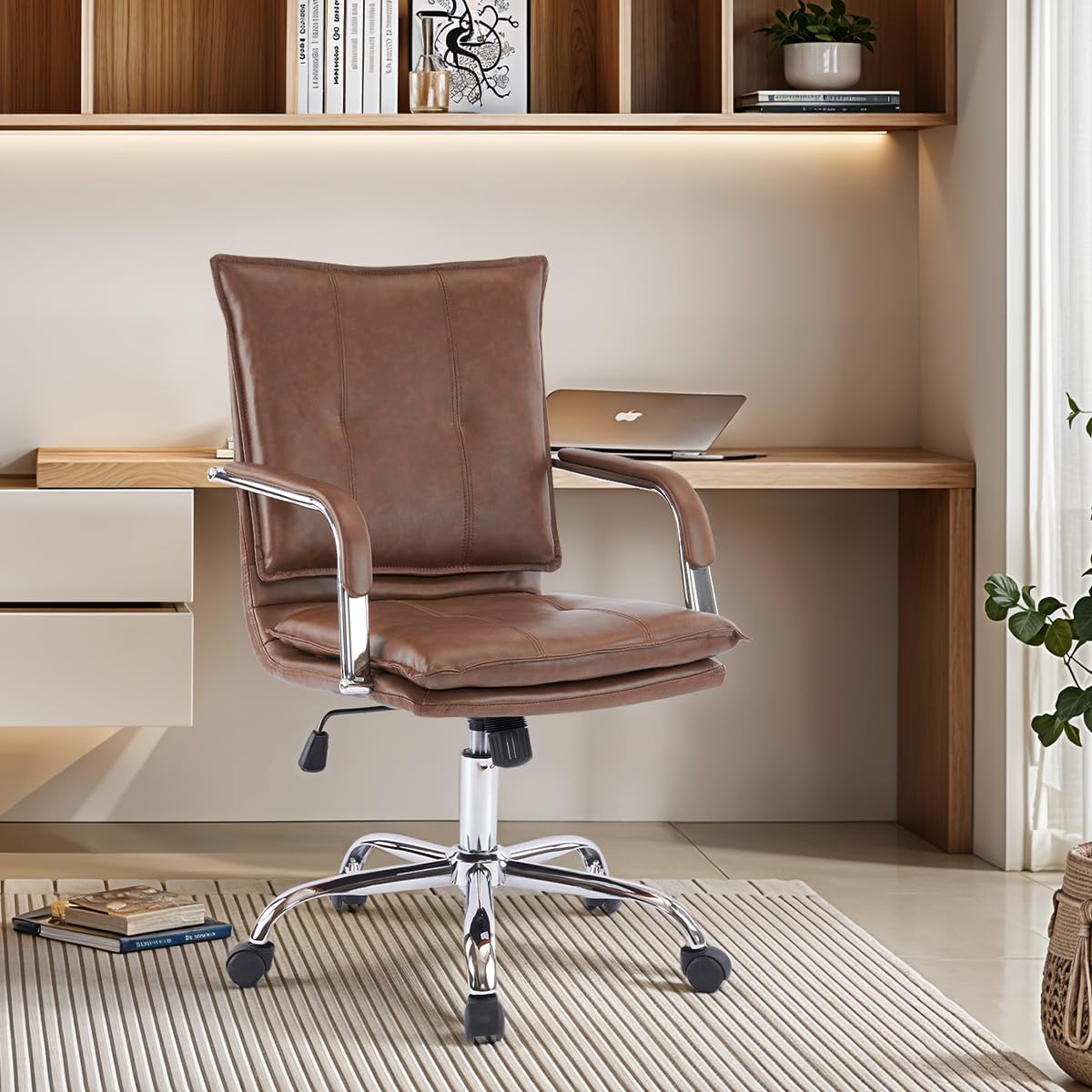 Premium Mid-Back Ergonomic Leather Office Chair - Modern Executive Desk Chair with Gold Frame & Adjustable Armrests - Comfortable Computer Task Chair (Brown Upholstery/Silver Legs) for Home Office, Gaming & Workspace