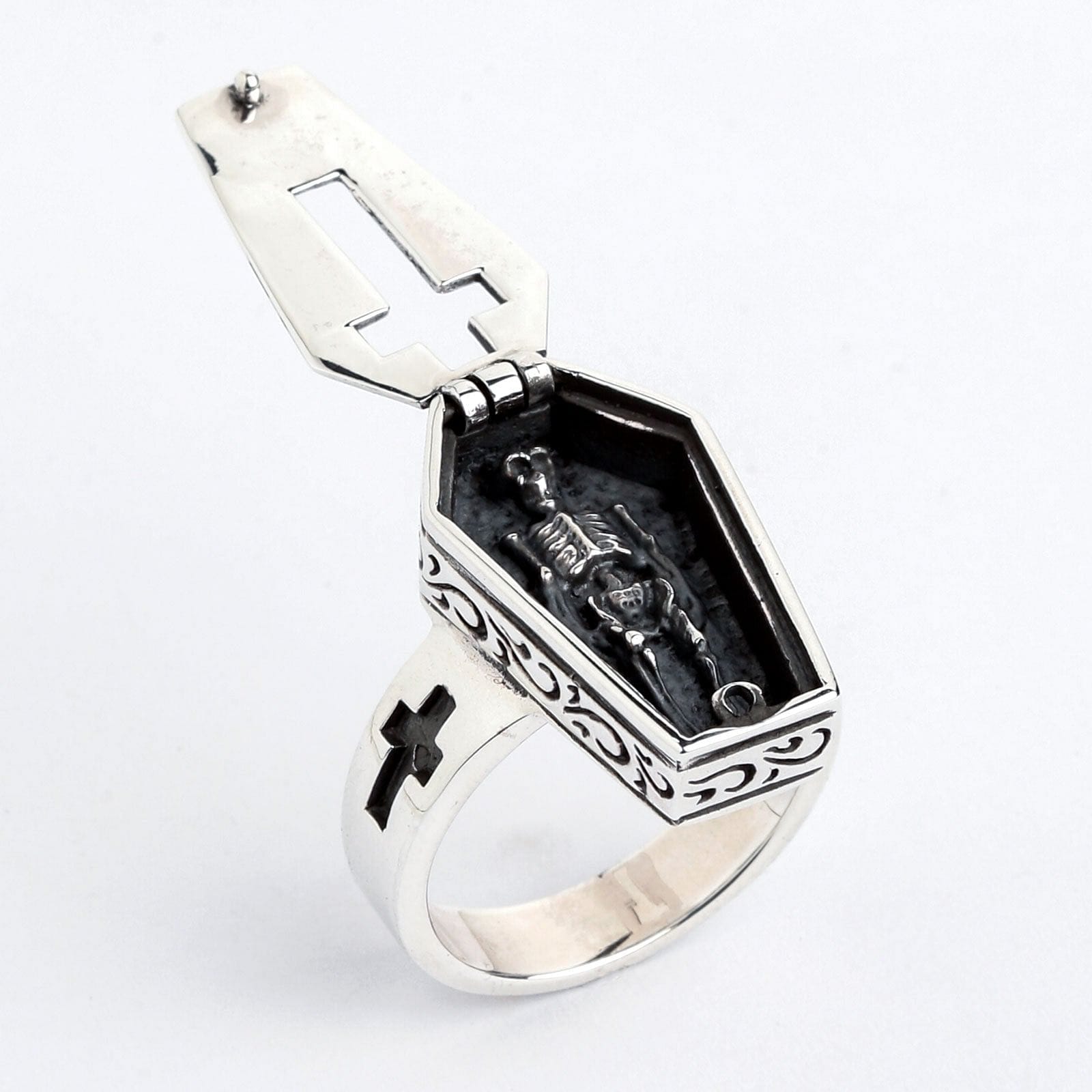 Gothic Sterling Silver Skull Skeleton Coffin Ring for Men Women - Punk Jewelry for Halloween, Gothic Fashion & Alternative Style