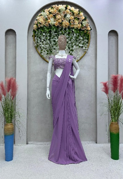 1 Minute Lilac Georgette Ruffle Stitched Ready-Made Saree with Blouse - Perfect for Weddings, Parties & Festive Occasions