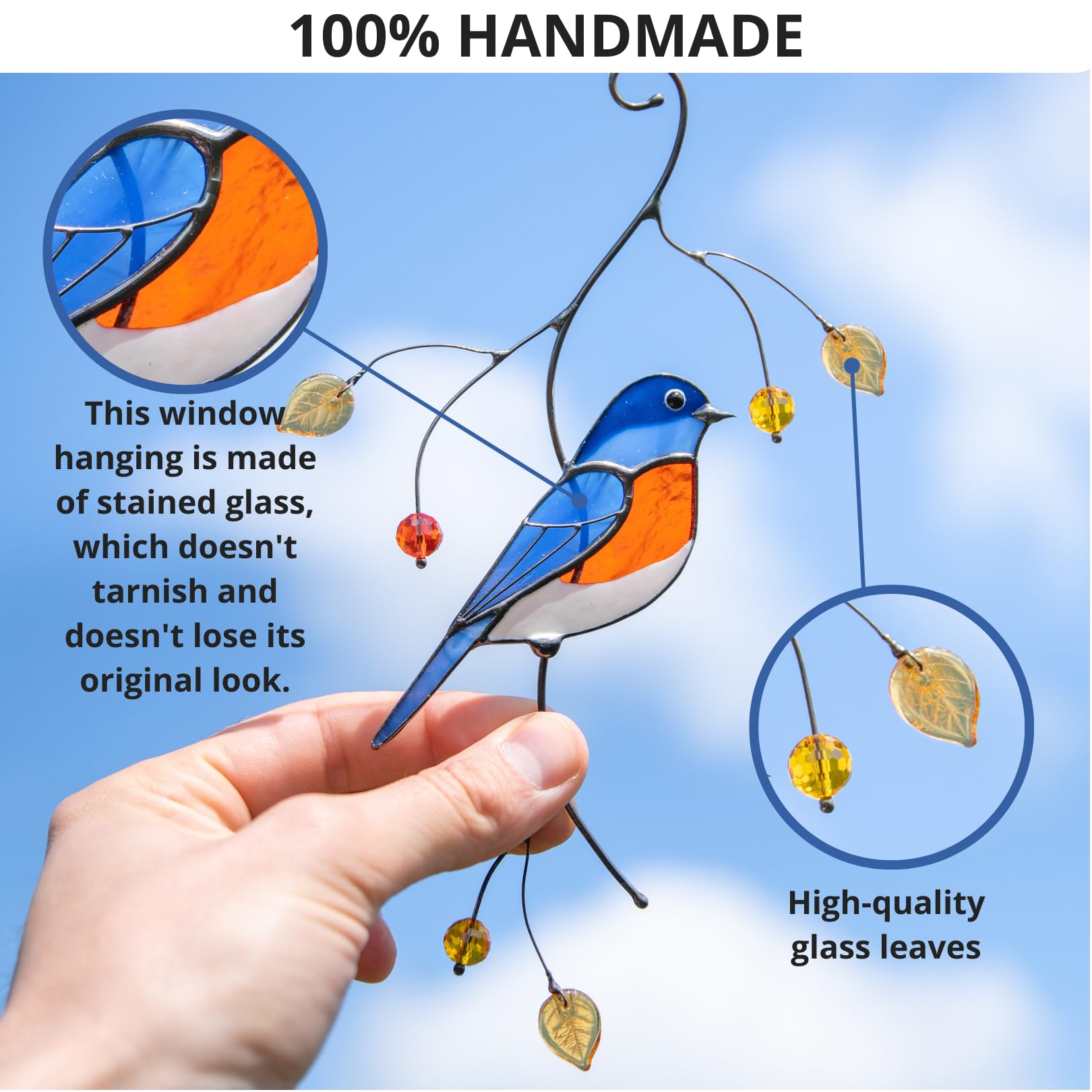 Handmade Bluebird Stained Glass Suncatcher - Genuine Glass Window Hanging for Home Decor, Unique Indoor Ornament & Outdoor Garden Decoration | Perfect for Living Room, Bedroom, Patio & Gift Giving
