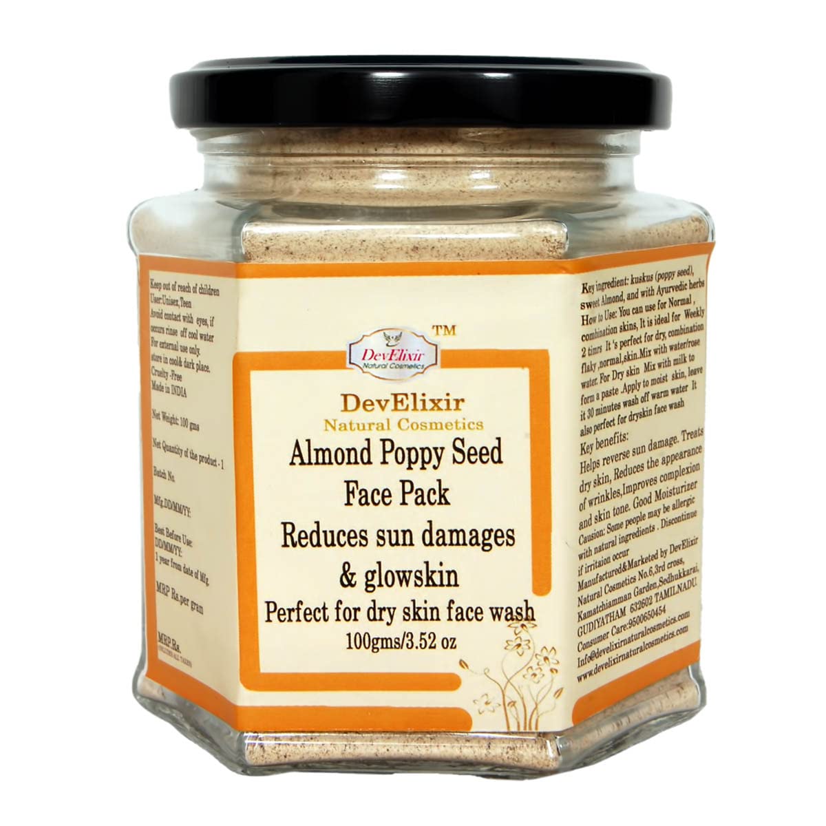 DevElixir Natural Almond Poppy Seed Face Pack - Ubtan Powder for Glowing Skin, Reduces Sun Damage, Perfect for Dry & Flaky Skin | Gentle Facial Cleanser for Daily Skincare Routine