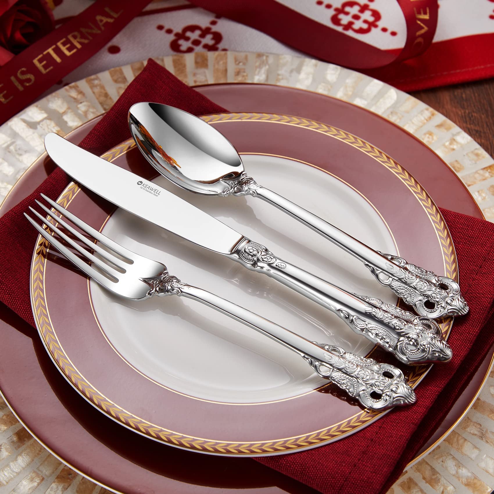 KEAWELL 45-Piece 18/10 Stainless Steel Silverware Set - Service for 8 with Serving Utensils, Mirror Polish Cutlery Set in Antique Baroque Style (Gift Box Included) - Perfect for Fine Dining, Wedding Registry & Luxury Home Decor