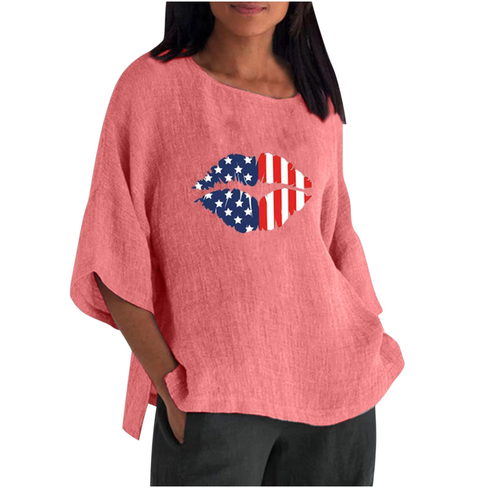 American Flag Printed Women's Cotton Linen 3/4 Sleeve Round Neck Blouse - Casual Loose Fit T-Shirt for Summer Outfits, Patriotic Events & Everyday Wear