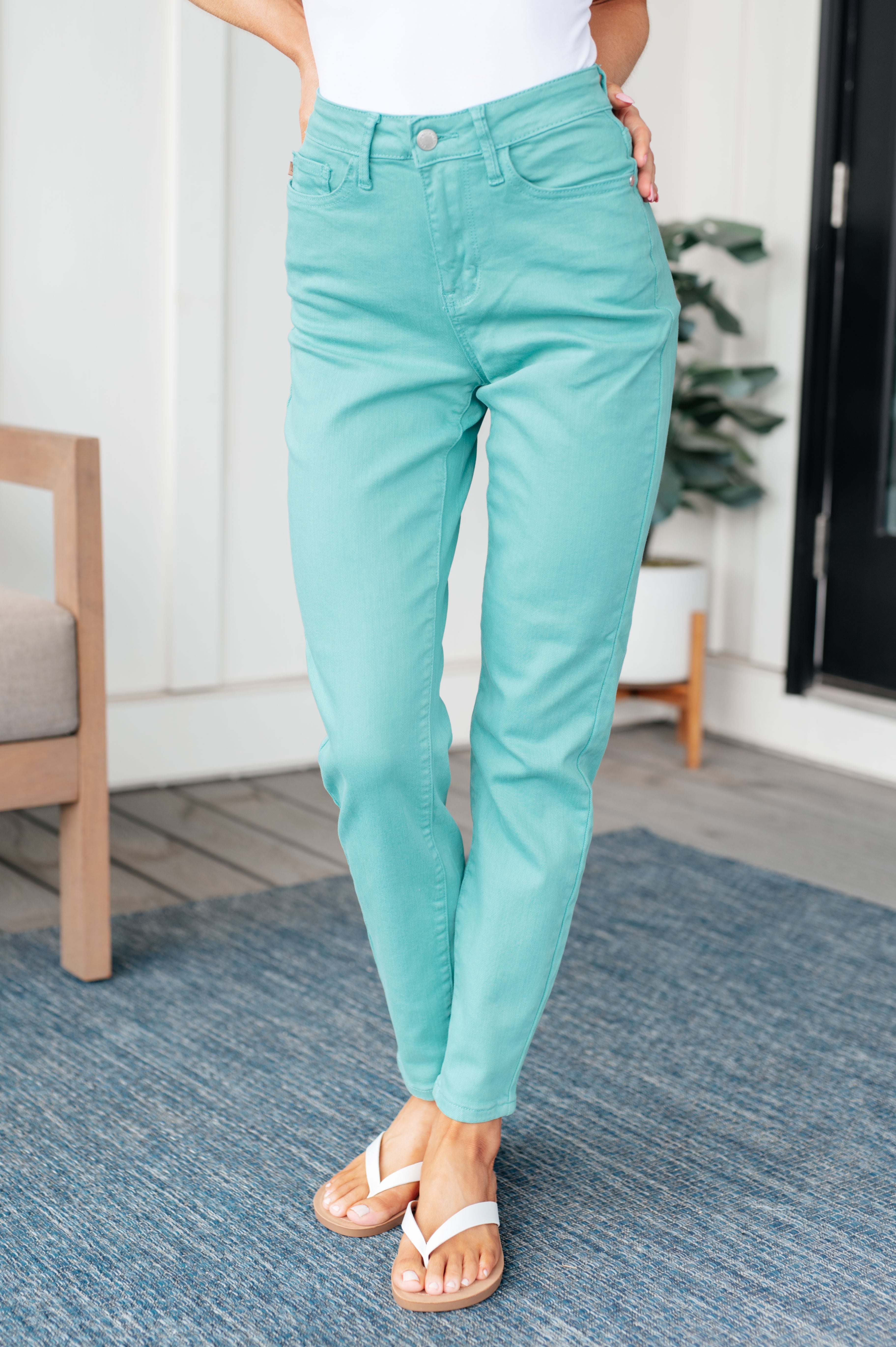 Judy Blue Aqua Marine Bridgette High Rise Garment Dyed Slim Jeans for Women | Stretch Denim Pants | Casual & Work Outfit | Perfect for Everyday Wear, Office, and Date Nights