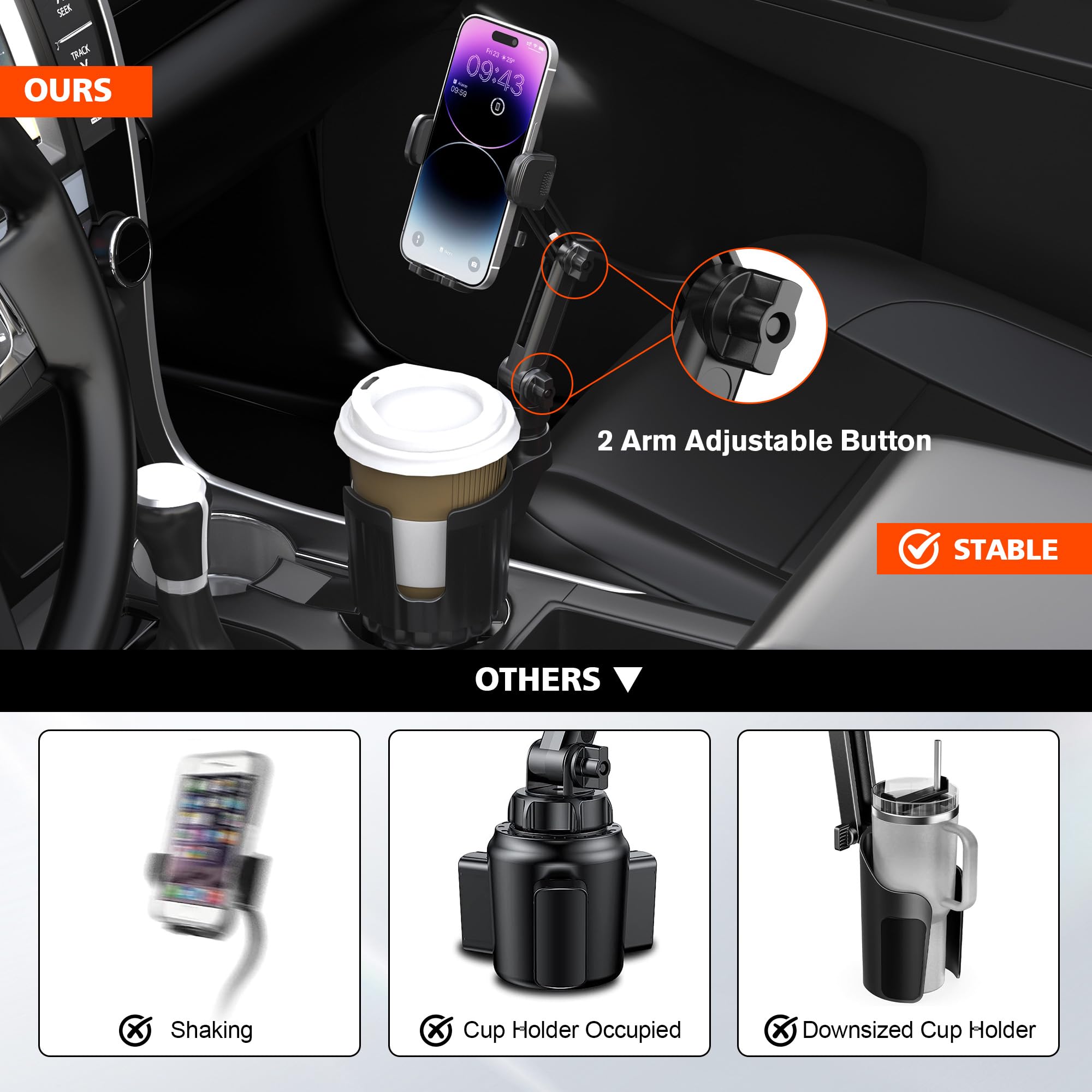 2 in 1 Adjustable Car Cup Holder Phone Mount - Universal 4-7