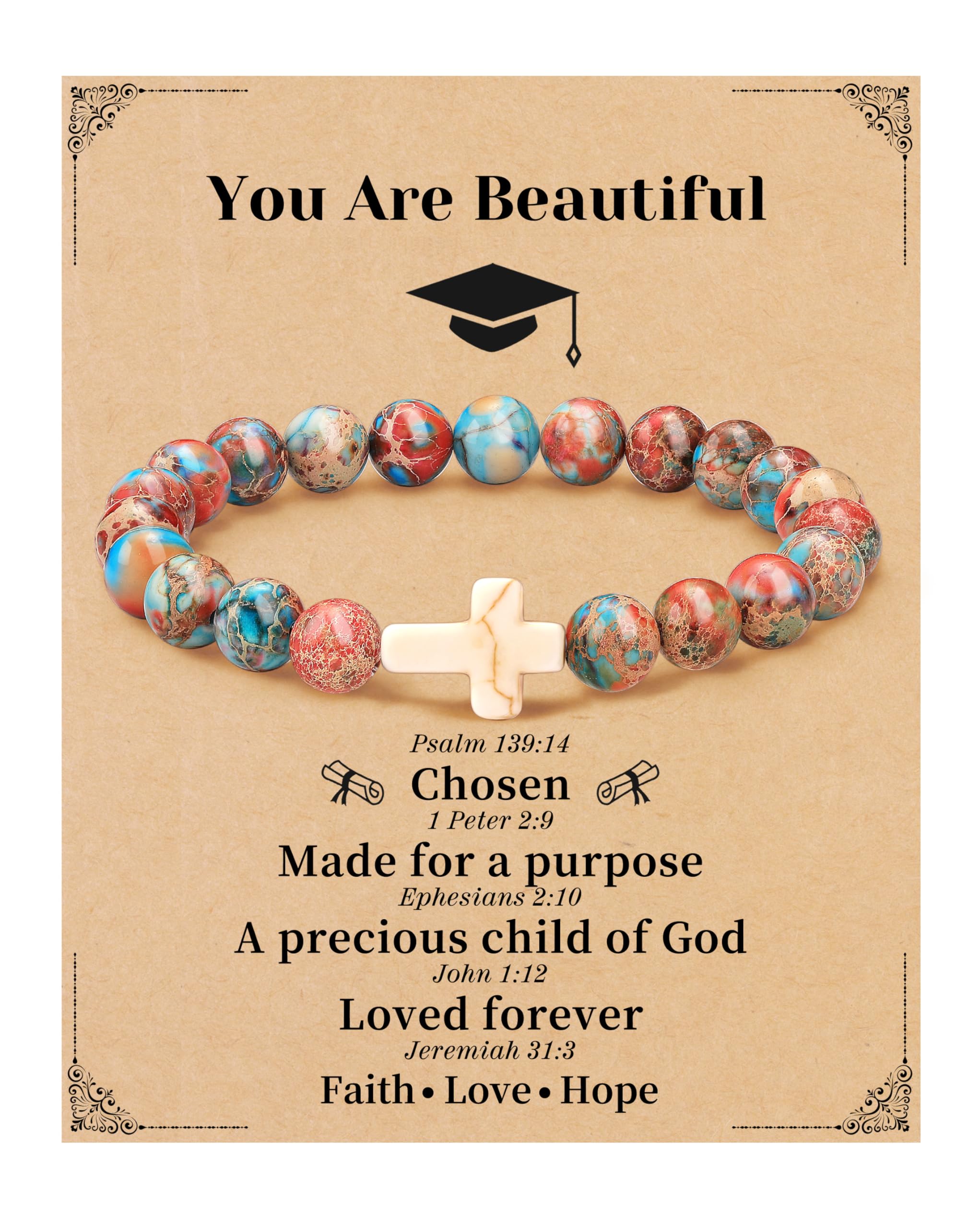 JSJOY Natural Stone Beaded Cross Bracelet - Spiritual Christian Jewelry Gift for Women & Girls (Age 6-80) - Birthday, Easter, Baptism Present for Daughter, Granddaughter, Niece, Mom & Sister | Perfect for Church, Prayer & Daily Wear