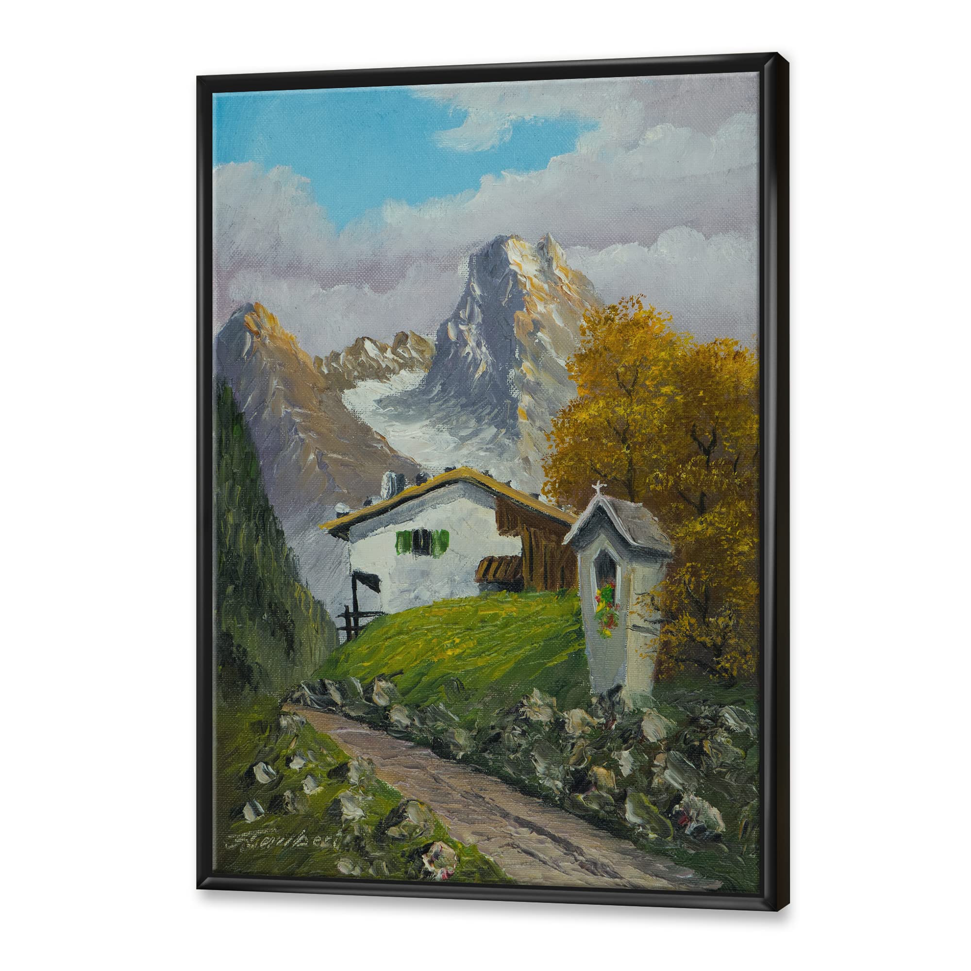 Farmhouse Framed Canvas Wall Art Print - DesignQ Wayside Shrine Landscape Painting for Home & Office Decor | Perfect for Living Room, Bedroom, Entryway