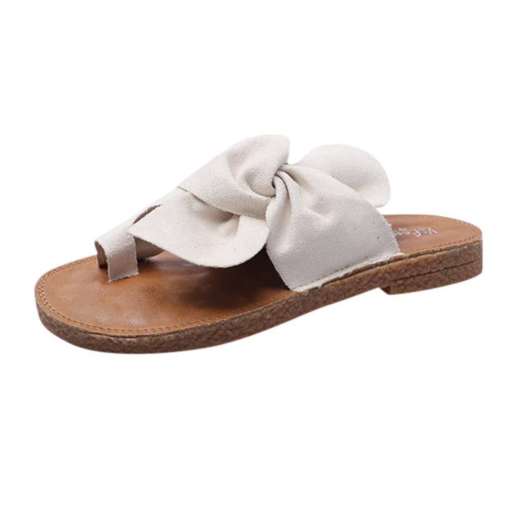 Women's White Bowknot Flat Sandals - Casual Beach Slippers with Ring Toe Design for Summer Walking, Vacation & Outdoor Relaxation