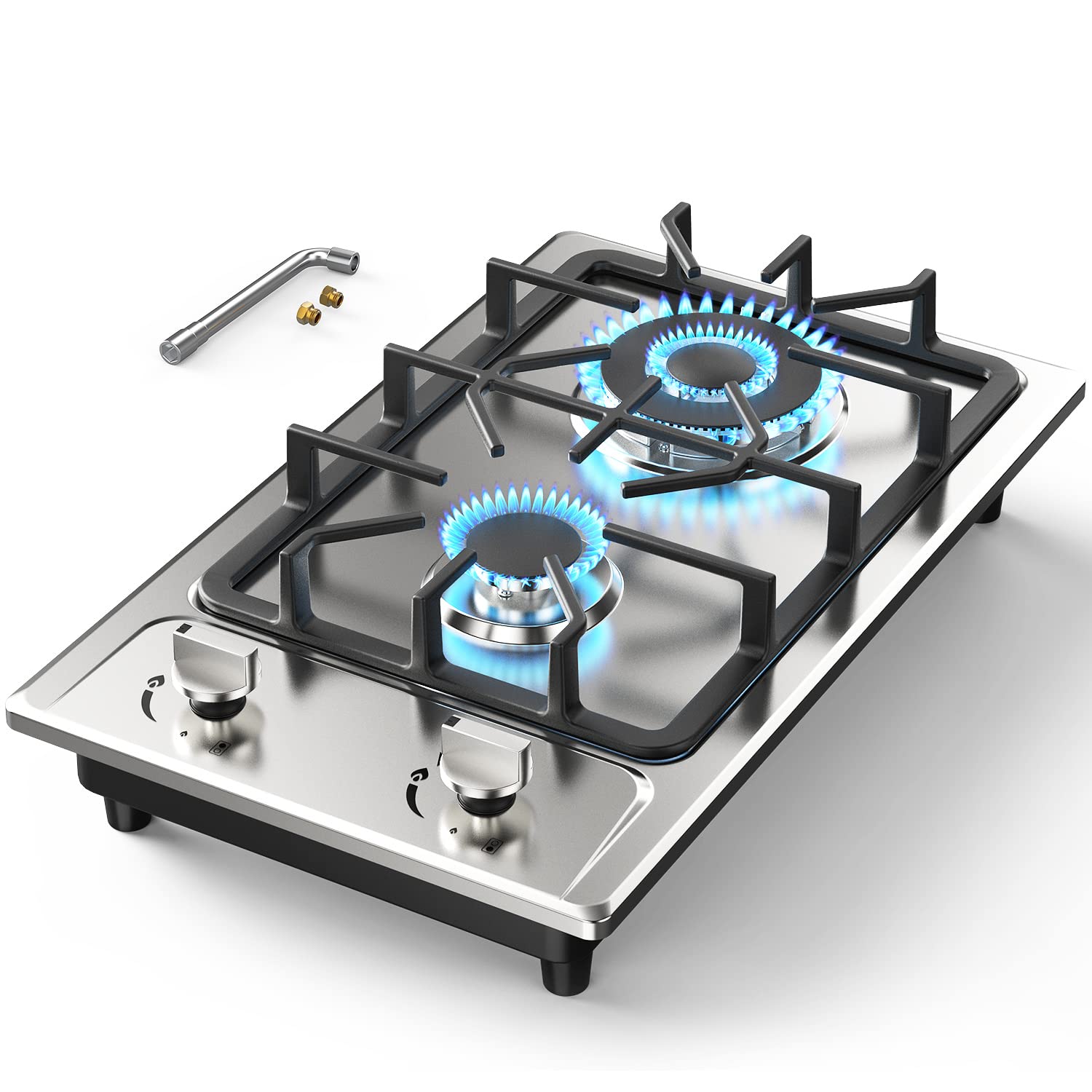 ANHANE 12 Inch 2 Burner Portable Gas Stove Cooktop - Stainless Steel Built-in LPG/NG Dual Fuel - Easy Clean for RV, Apartment, Camping & Outdoor Cooking