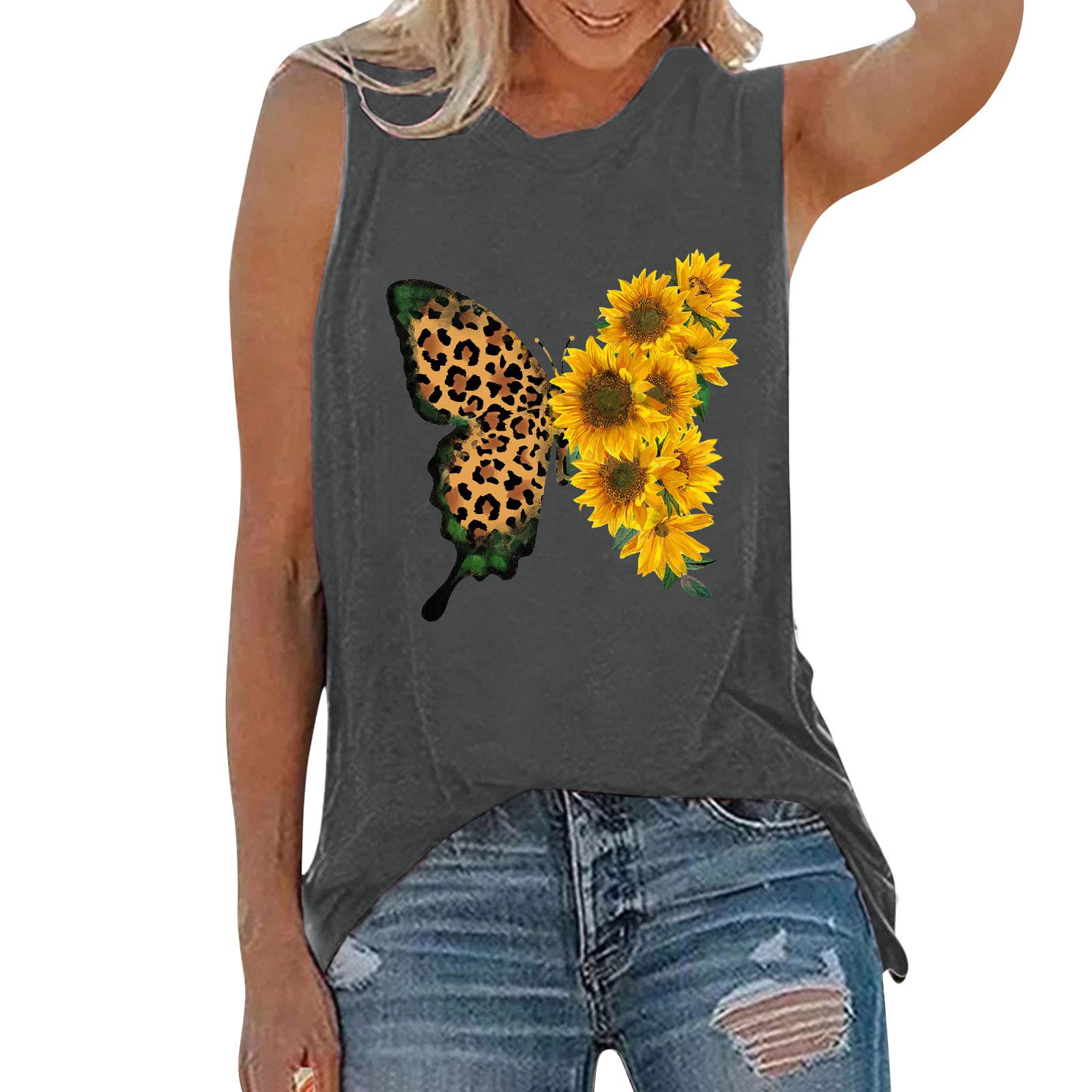 Women's Sleeveless Tank Top - Loose Fit Casual Summer Blouse with Sunflower Print, O-Neck Vest Tee for Spring/Summer Fashion (Grey, Size L) | Perfect for Beach Outings, Yoga, and Everyday Casual Wear