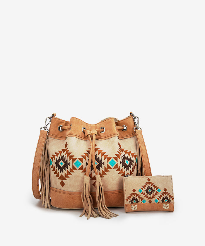 Montana West Aztec Fringe Bucket Bag Set for Women - Stylish Leather Crossbody Purse with Adjustable Strap, Perfect for Travel, Shopping & Everyday Use