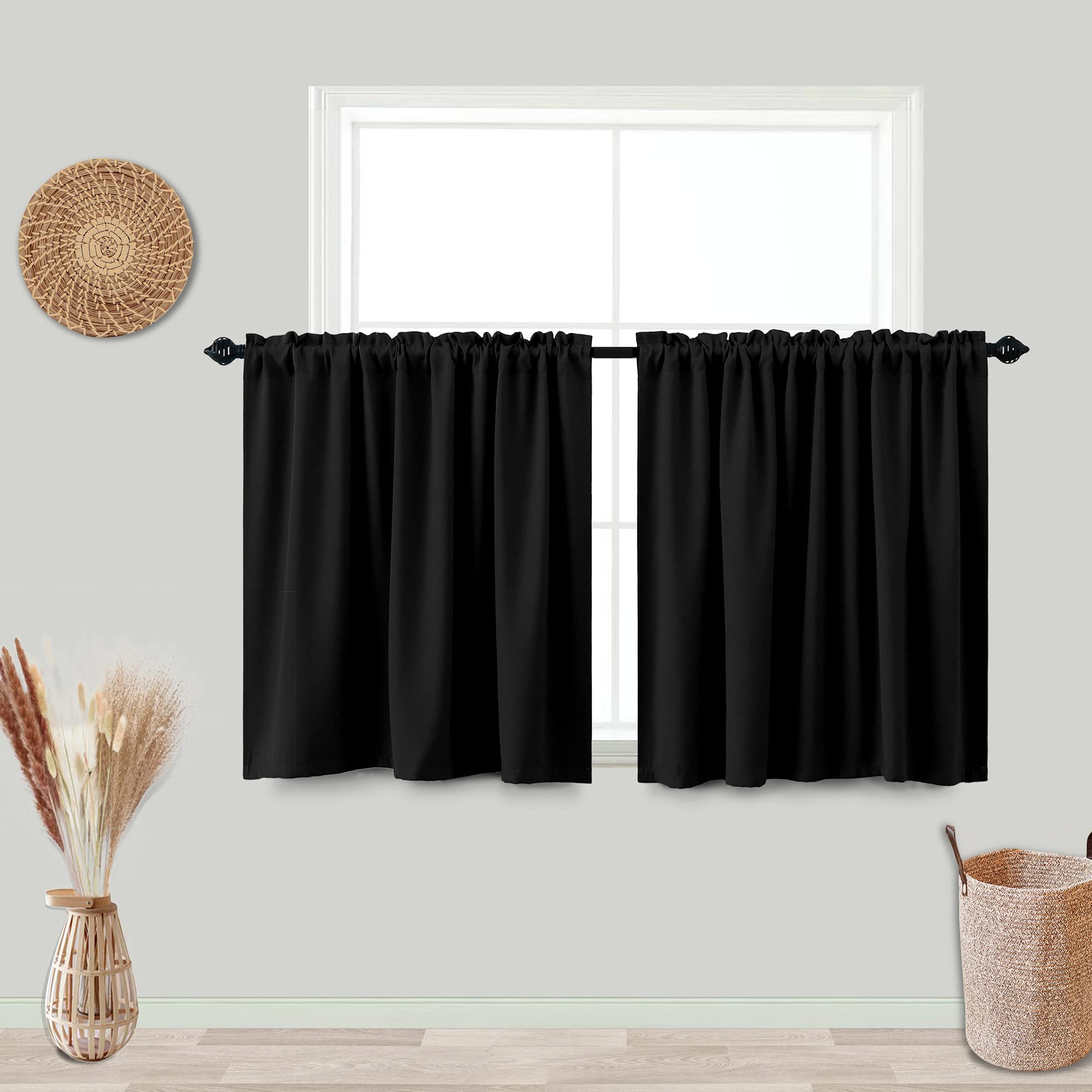 KOUFALL 30 Inch Short Blackout Curtains Set of 2 Panels - Black Room Darkening Window Treatments with Rod Pocket for Bathroom, Kitchen & Small Windows (52x30 Inches) - Perfect for Privacy, Light Control & Home Decor