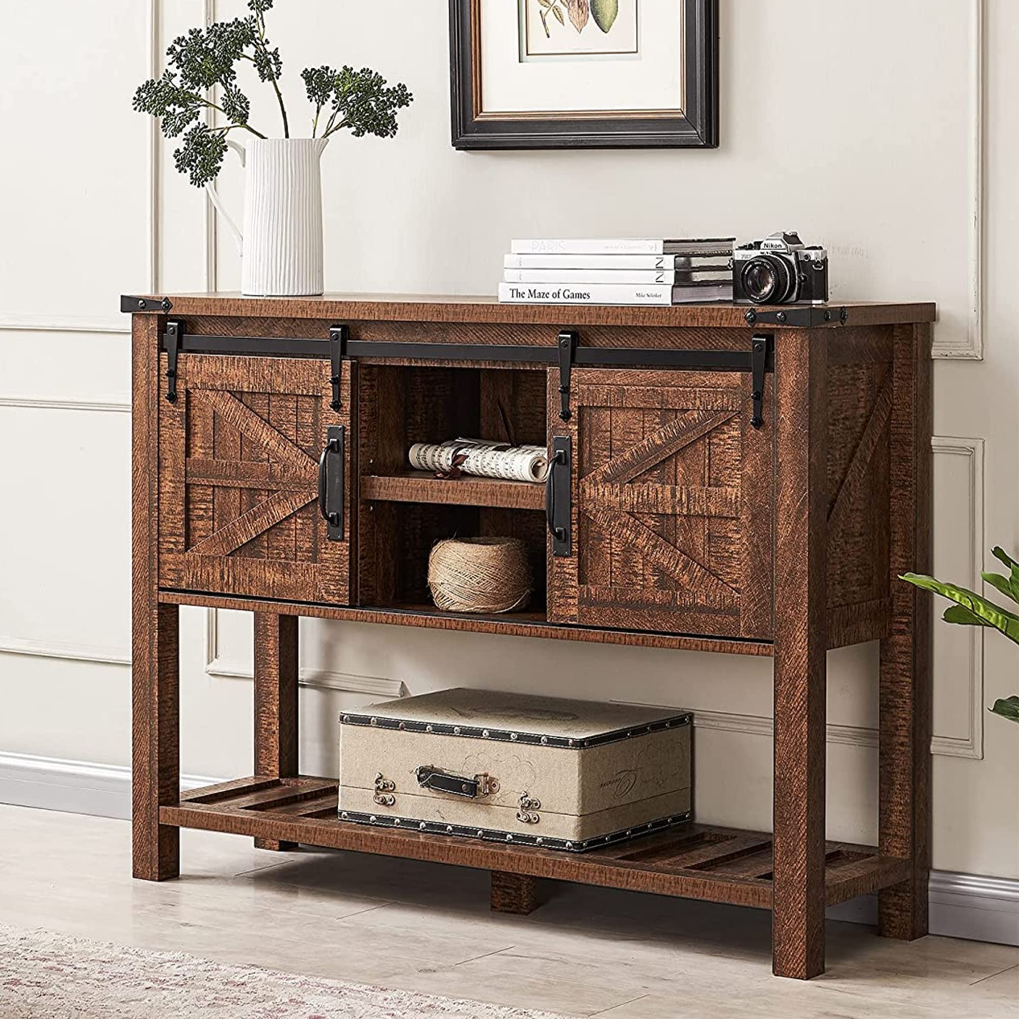 OKD Console Sofa Table with Sliding Barn Doors - 2 Storage Cabinets & Shelf - Reclaimed Barnwood Buffet Sideboard for Entryway, Living Room, Kitchen, Hallway - Perfect for Home Decor & Small Space Organization