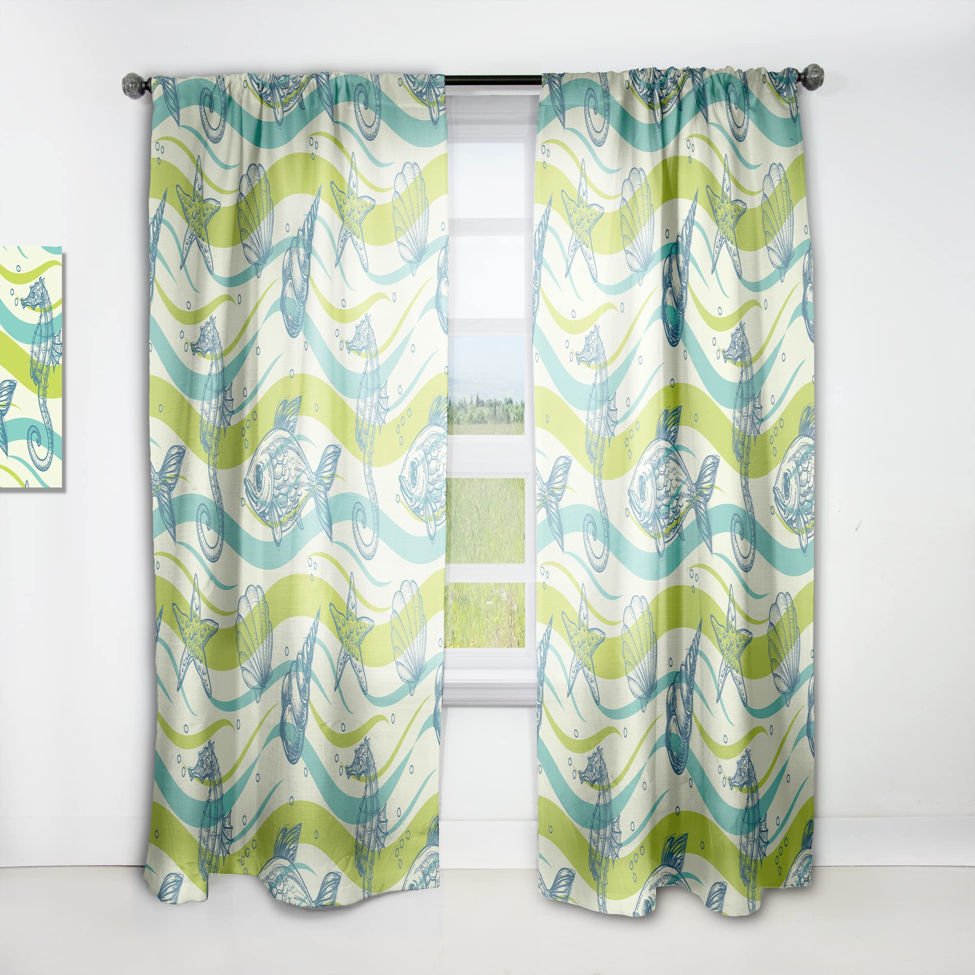 DesignQ Thermal Insulated Blackout Curtains - Underwater Sea Life with Seahorse & Starfish Print - Single Panel 52x95 Inches - Perfect for Bedroom & Living Room - Ocean Theme Home Decor