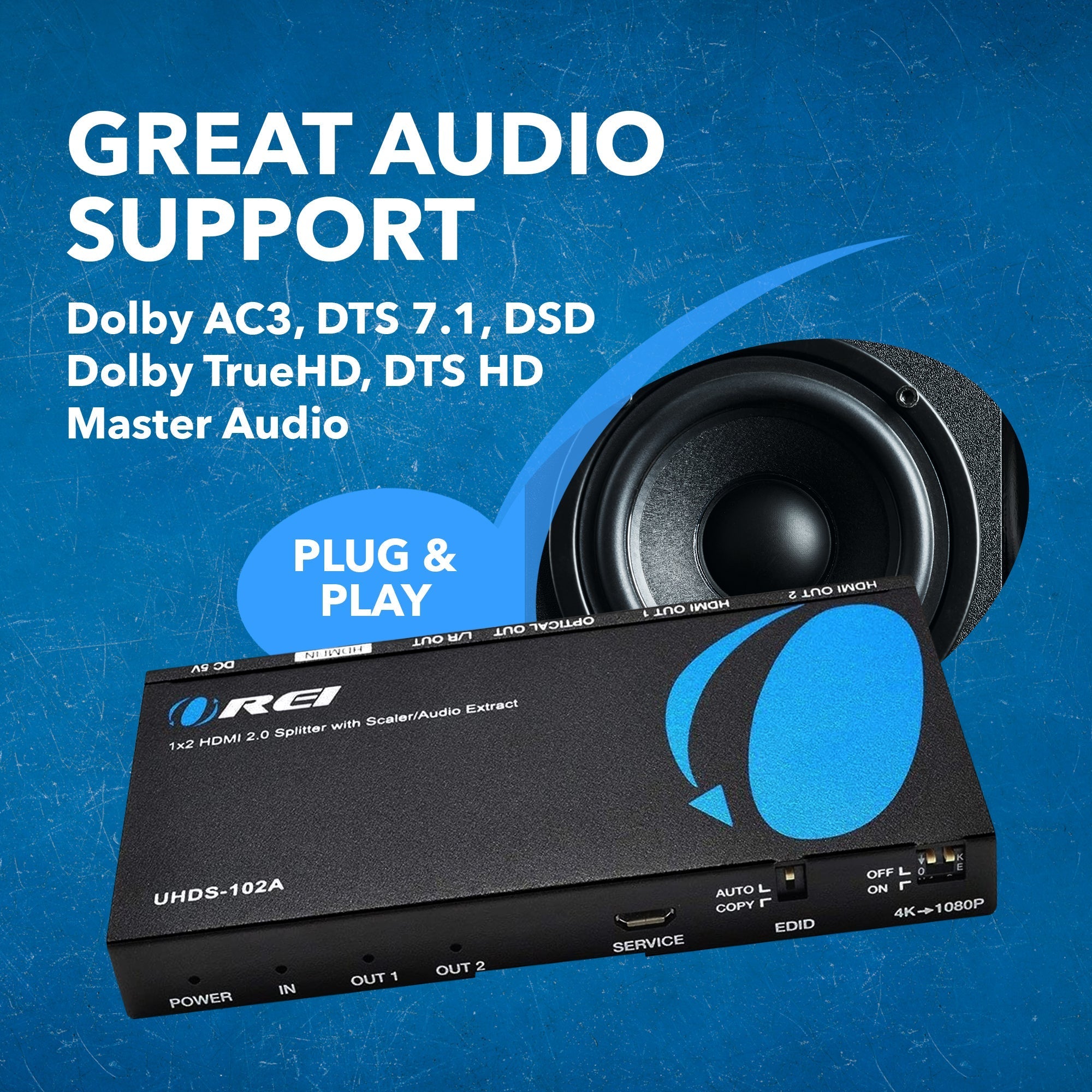 1x2 HDMI Splitter 4K Ultra HD - 1 Input 2 Output with EDID, Downscaling & Audio Extraction (UHDS 102A) for Home Theater & Multi-Screen Setup