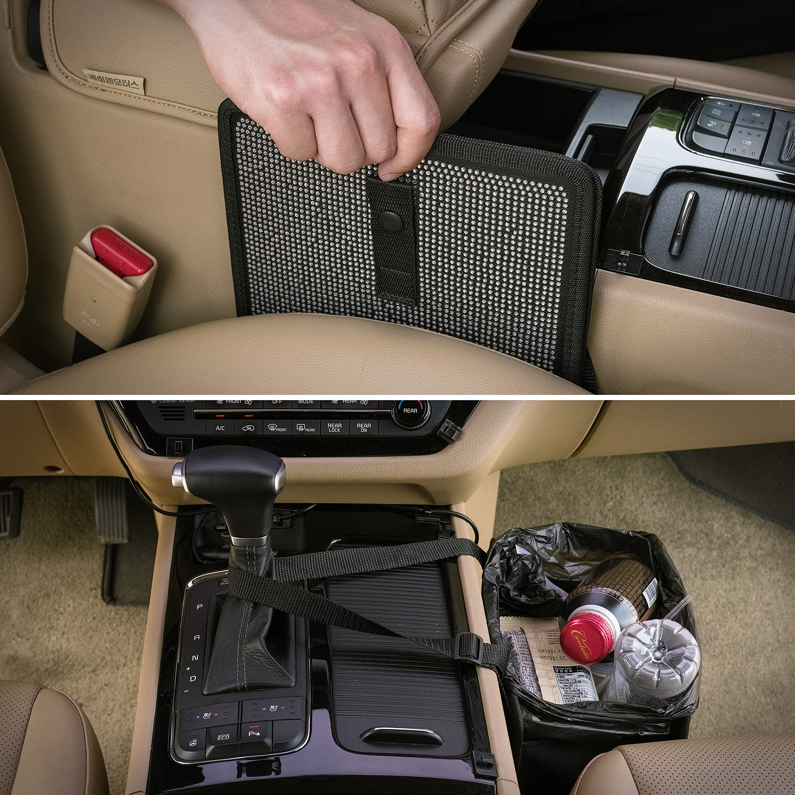 Foldable Hanging Car Trash Can - Vegan Leather & Oxford Fabric Vehicle Garbage Bin for Cars, SUVs, Trucks | Medium Diamond Design | Perfect for Road Trips, Commuting & Keeping Your Car Clean