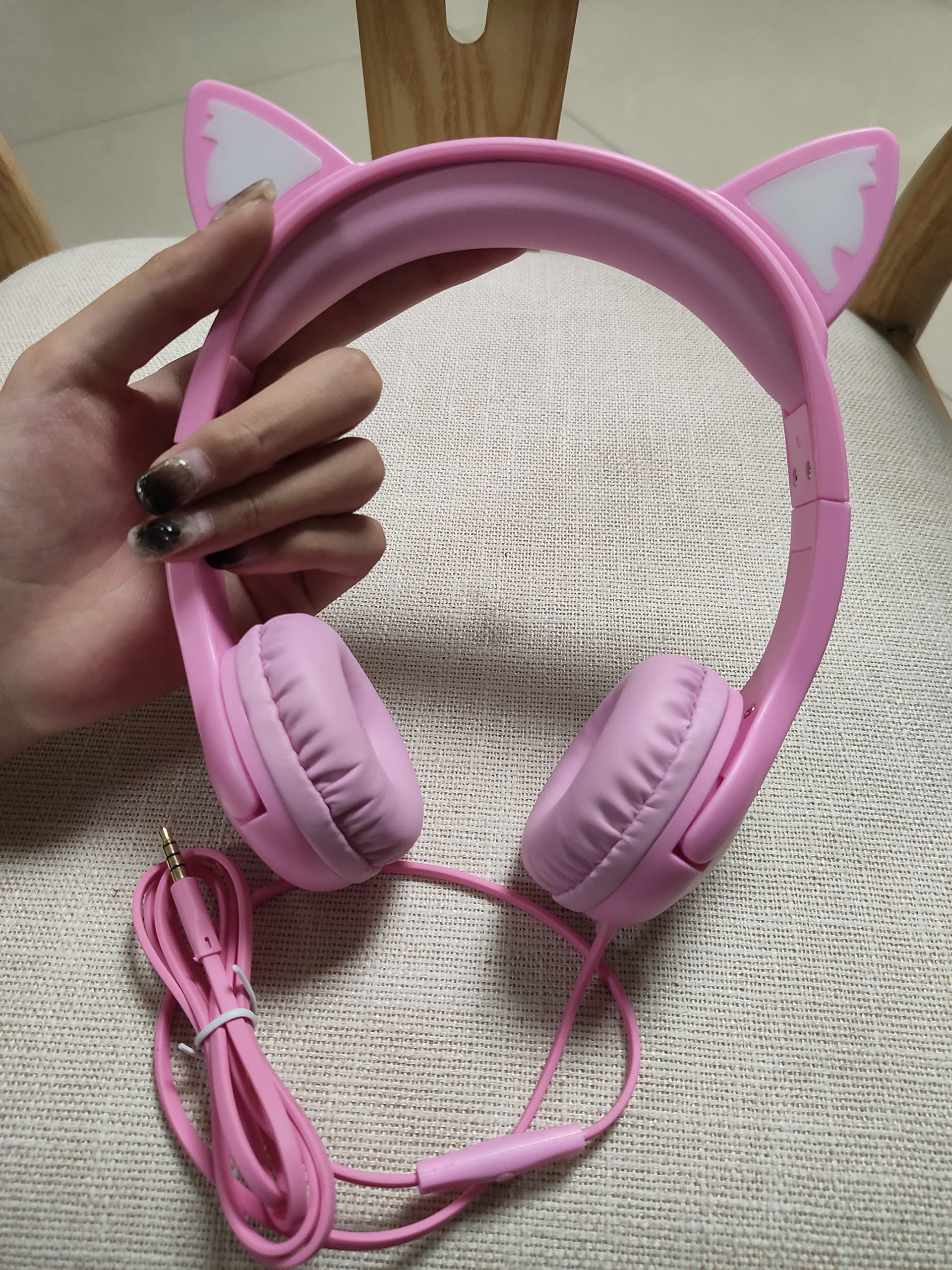 Olyre LED Light Up Cat Ear Headphones for Girls - 85dB Hearing Protection, Over-Ear Kids Headphones with 3.5mm Jack (Pink) - Perfect for School, Travel & Gaming