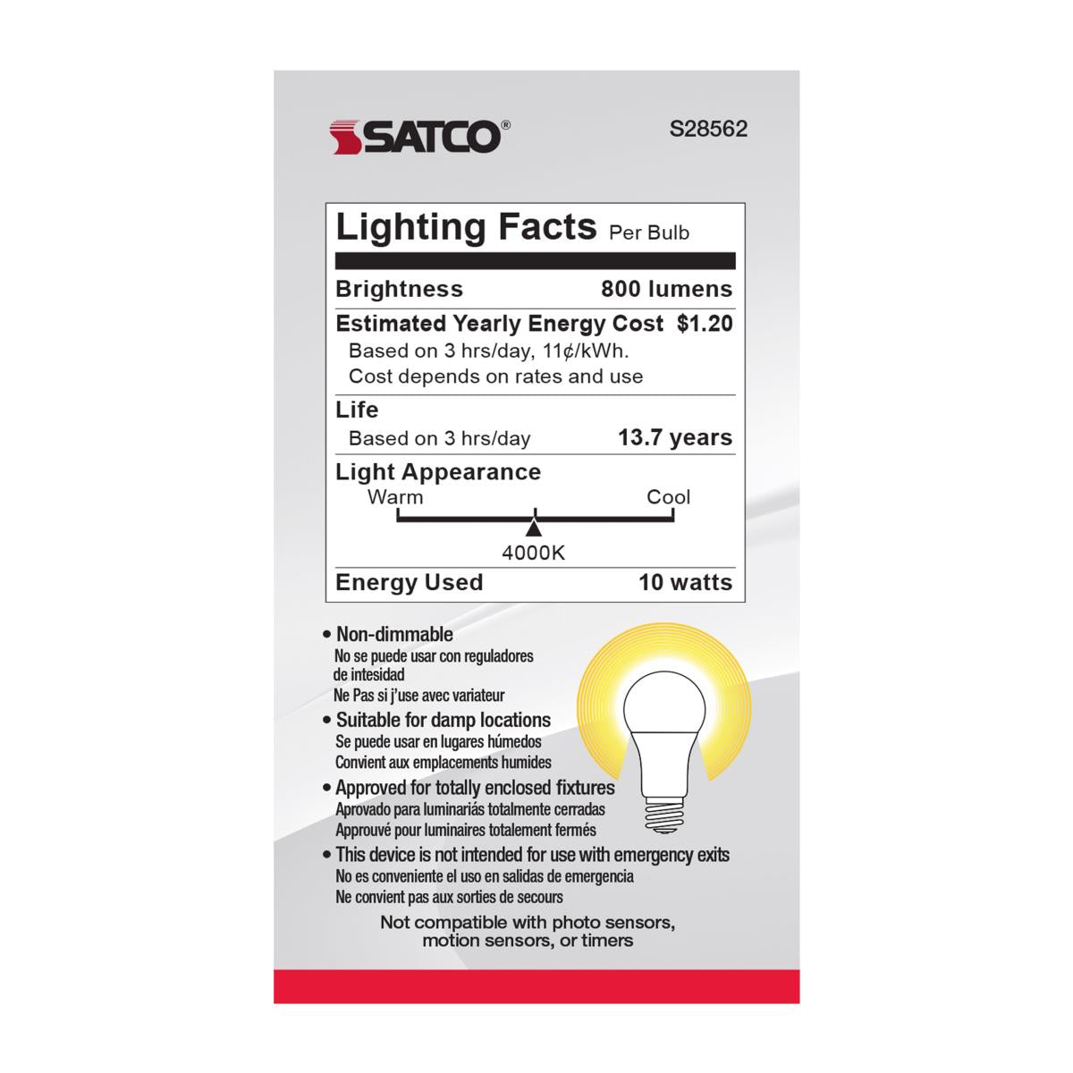 Energy Efficient A19 LED Light Bulb - 60W Equivalent, 10W, 800 Lumens, 4000K Daylight White, E26 Medium Base, Frosted Finish (4-Pack) - Perfect for Home, Office & Commercial Lighting