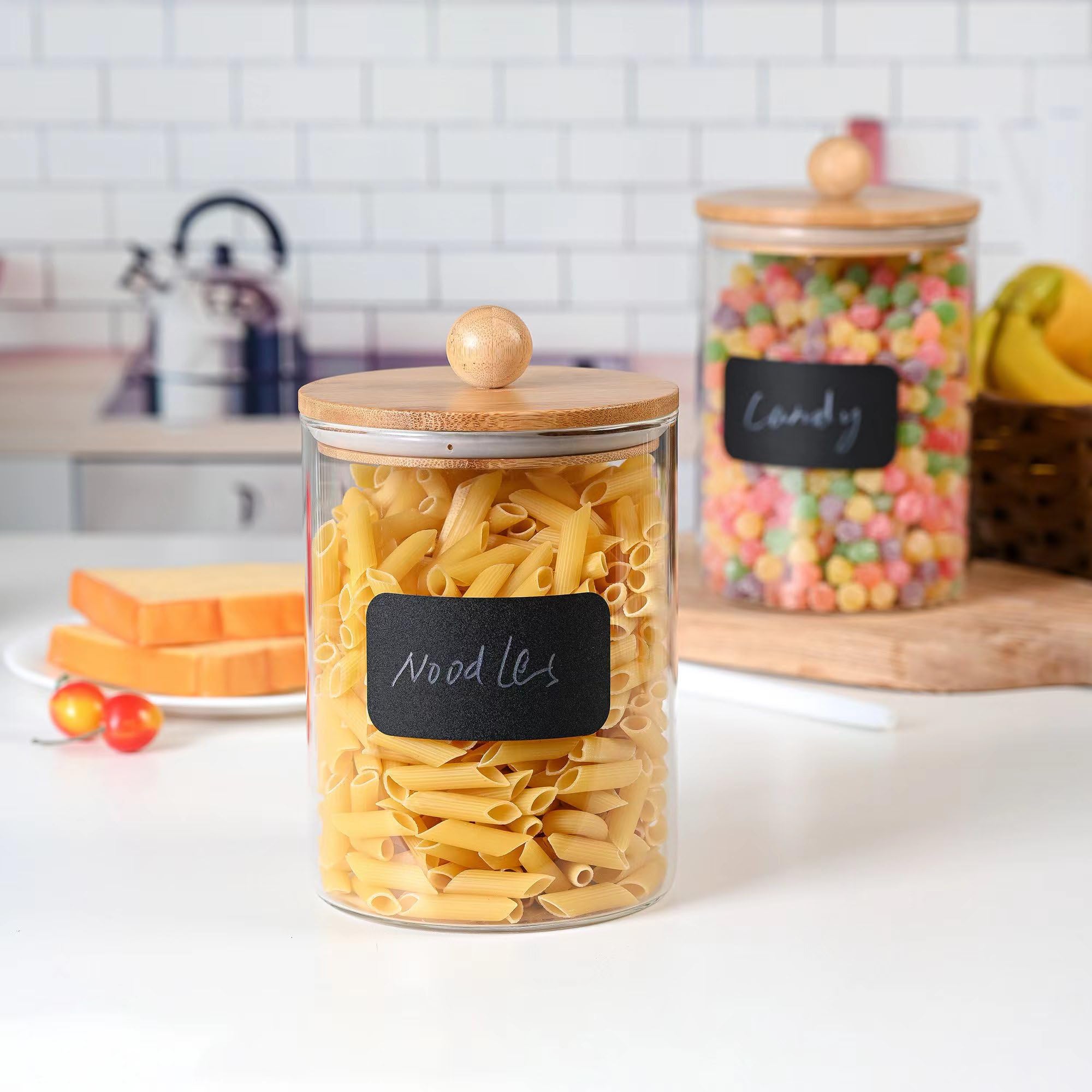 2-Pack 68oz Airtight Glass Canisters with Bamboo Lids - Food Storage Containers for Kitchen Pantry, Flour, Pasta, Coffee, Candy & Pods | Includes Chalk Marker & Labels | Perfect for Countertop Organization & Bulk Food Storage