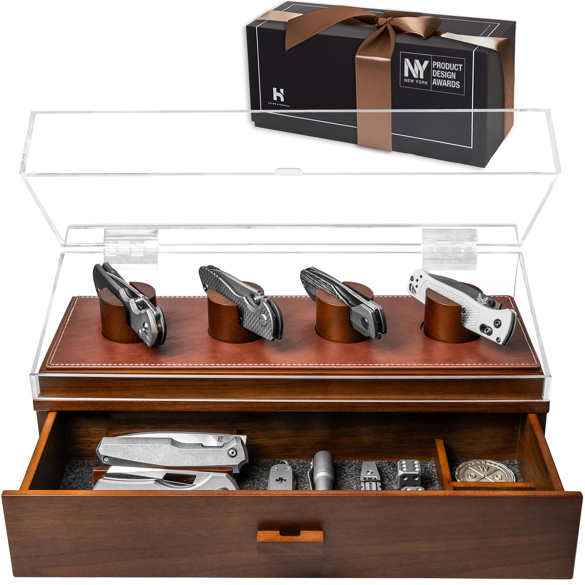 Holme & Hadfield Luxury Wooden Knife Display Case - Holds 6-10 Pocket Knives - Premium Knife Organizer with Drawer for Collectors - Perfect for Home, Office, or Gift Giving