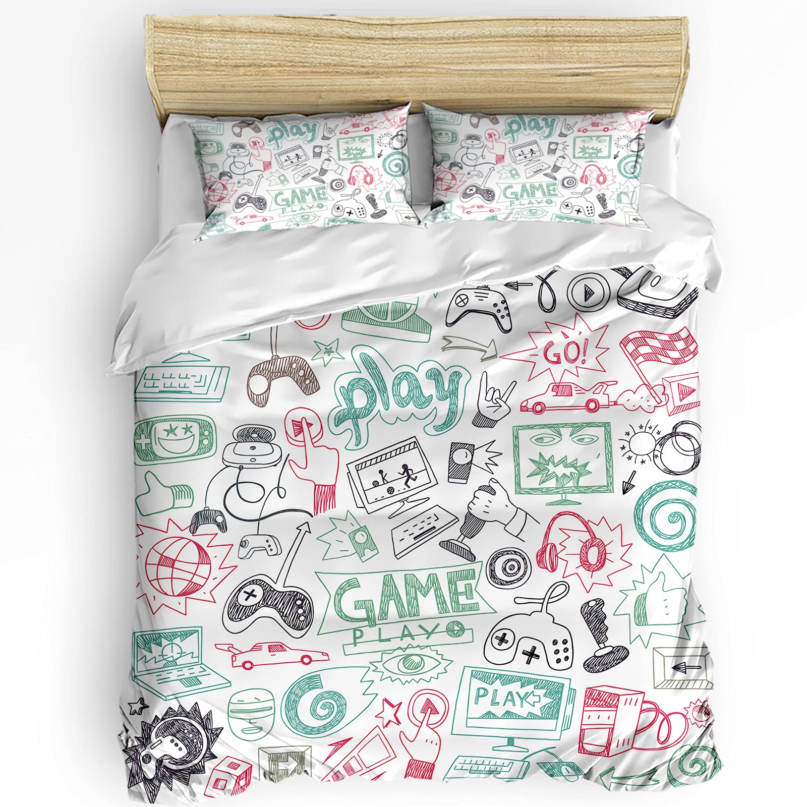 Game Theme Computer Keyboard Duvet Cover Set 3 Piece - California King Size Soft Microfiber Bedding with 1 Comforter & 2 Pillowcases | Hand-Drawn Sketch Design for Gamer Bedroom Decor | Perfect for Gaming Enthusiasts & Tech Lovers