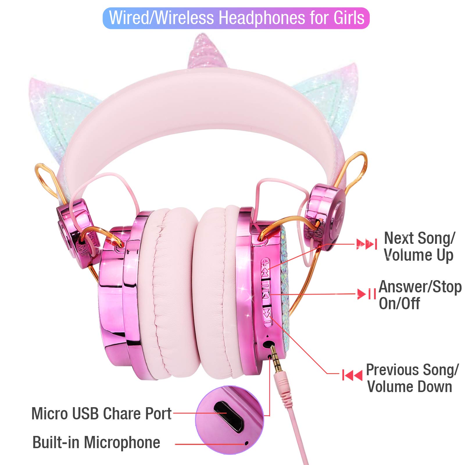 Wireless Unicorn Headphones for Kids - Bluetooth Headset with Microphone, Adjustable Headband & Over-Ear Design - Perfect for Online Learning, School, Kindle, Tablet & PC Use - Cute Girls Headphones for Studying, Gaming & Travel