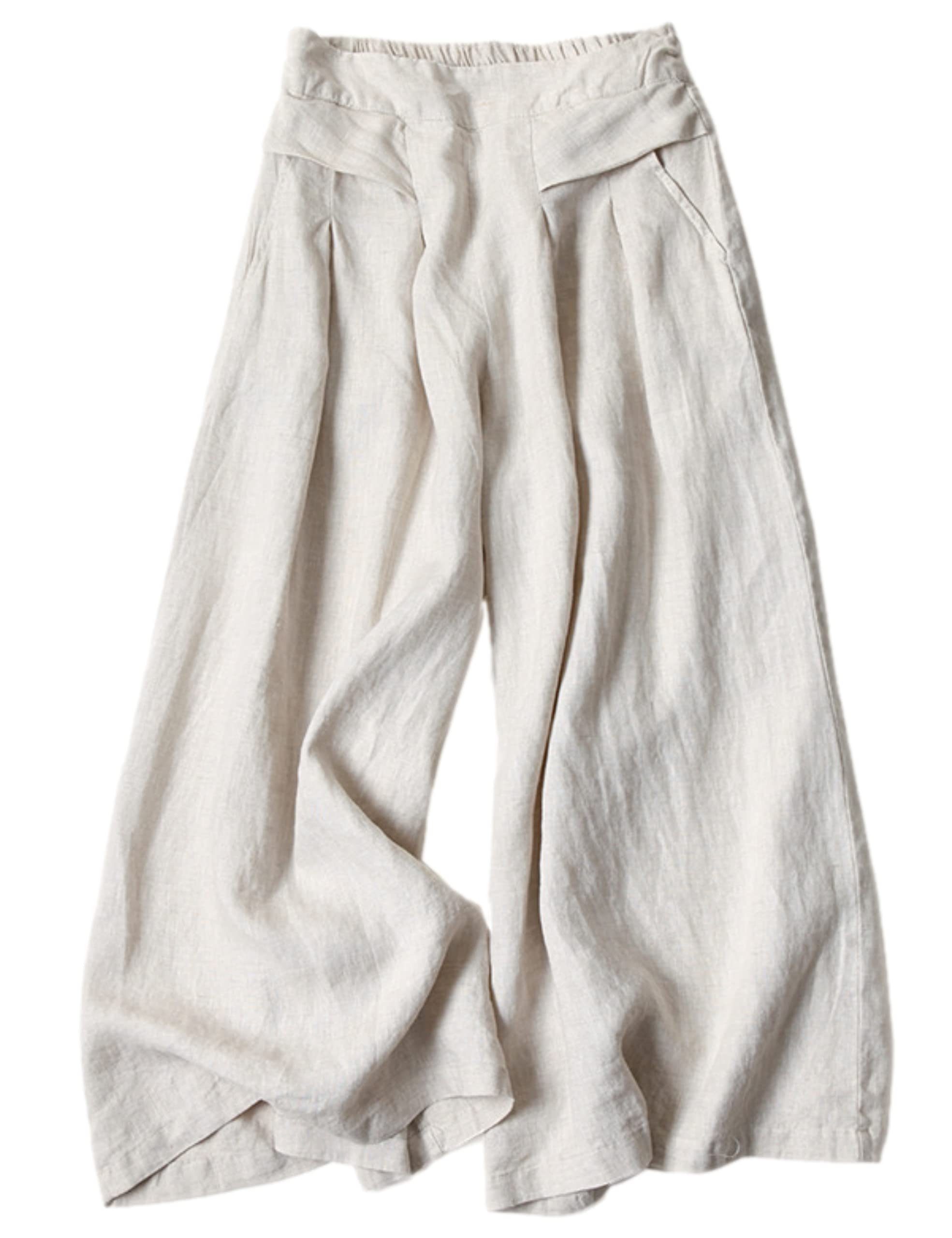 Bozanly Women's Linen Wide Leg Palazzo Pants - Elastic Waist Comfortable Culottes with Pockets - Perfect for Summer, Travel & Casual Wear