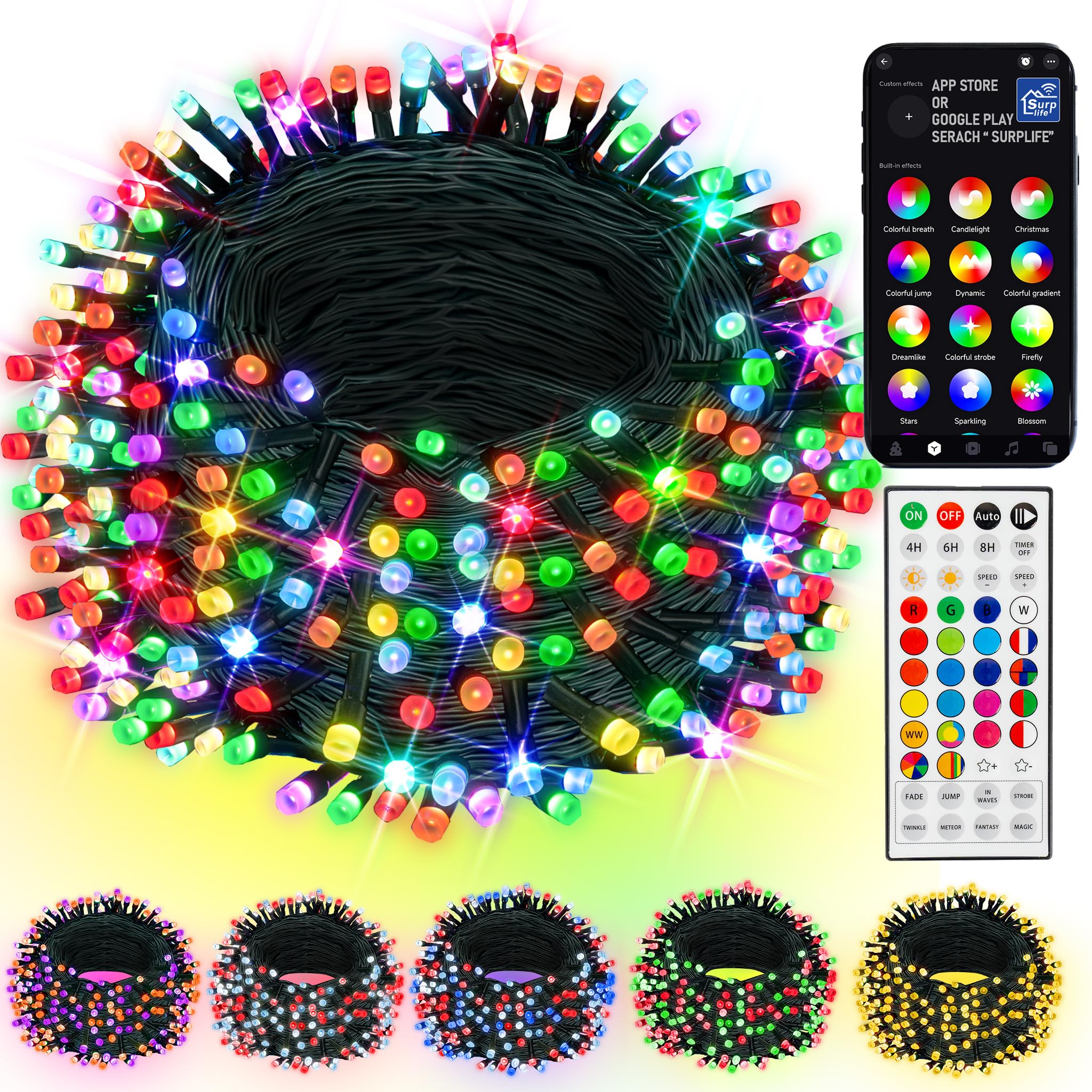 Dazzle Bright Smart Color Changing Christmas Lights - 66FT 200 LED RGB String Lights with Remote & App Control - Indoor Outdoor Holiday Decor for Xmas Tree, Party, Home, Garden, and Wedding Decorations