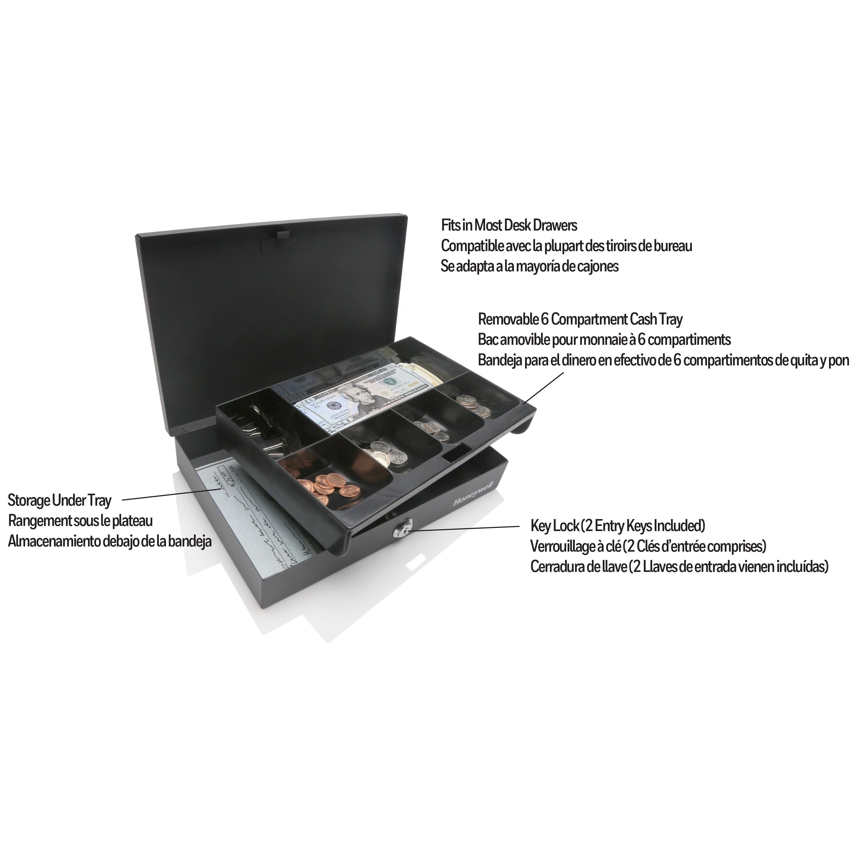 Honeywell 6212 Low Profile Steel Cash Box with Key Lock - Secure Money Storage for Small Business, Retail Store & Home Use