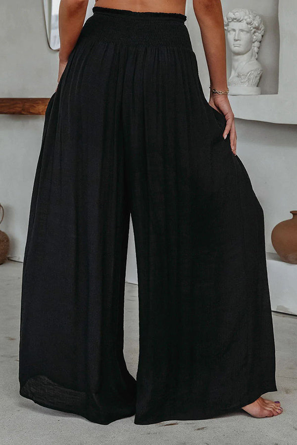 Stylish Travel Halfway Smocked Pocketed Wide Leg Pants for Women - Comfortable & Flowy Vacation Outfit for Beach, Cruise & Summer Getaways