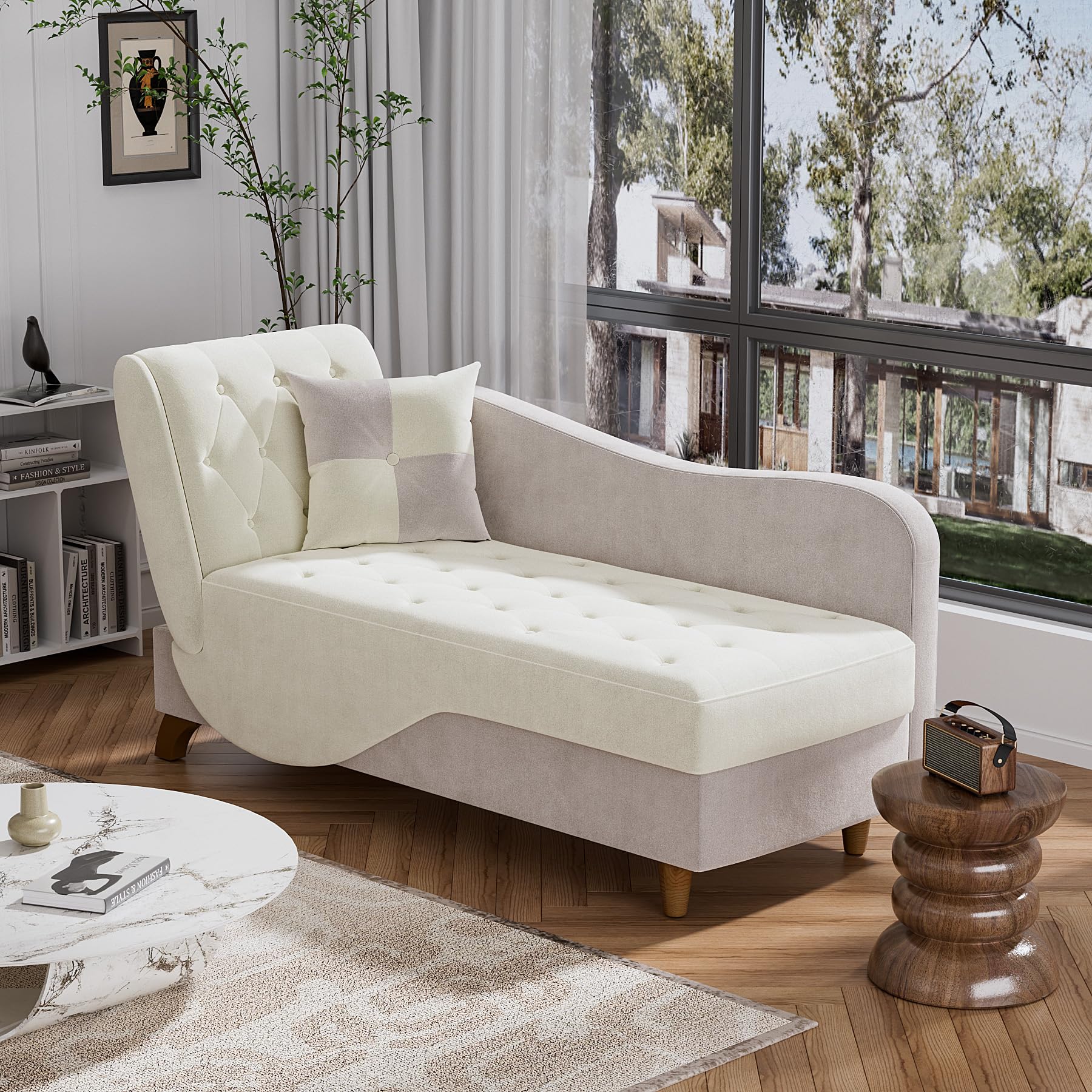 OUYESSIR Velvet Adjustable Recliner Chaise Lounge Chair with Storage & Pillow - Button Tufted Upholstered Sofa for Living Room, Bedroom, Office - Beige Gray - Perfect for Relaxing, Reading & Small Space Living