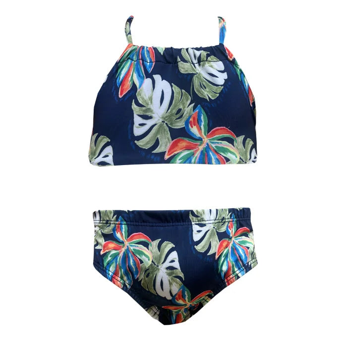 Blue Watercolor Leaf Print Girls Two Piece Swimsuit - Cute Bikini Set for Beach, Pool & Summer Vacations