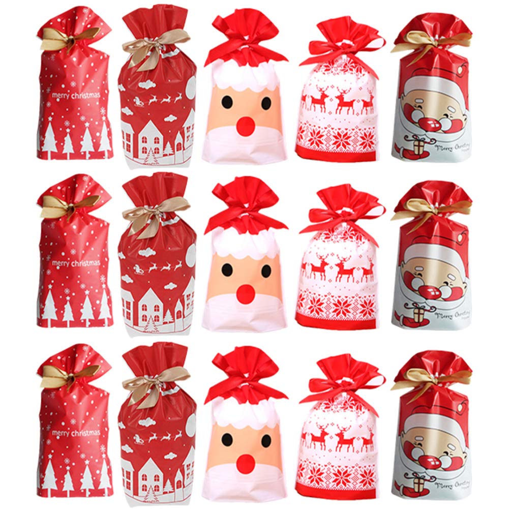 50pcs Christmas Gift Bags with Santa Deer Pattern - Drawstring Holiday Treat Bags for Xmas Party Favors, Candy & Gift Wrapping (Assorted Colors) - Perfect for Christmas Celebrations, Office Gifts & Holiday Decorations