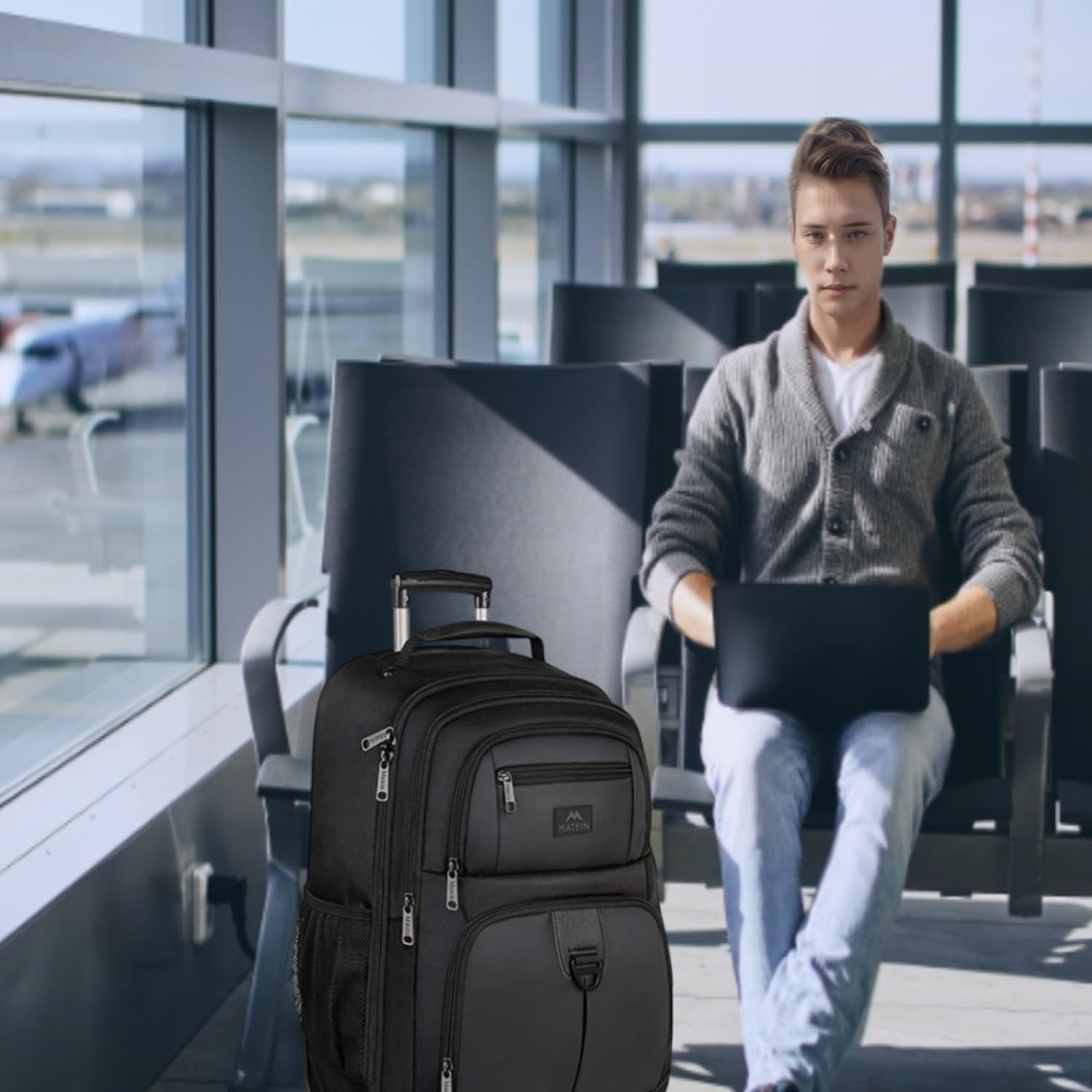 **MATEIN 18-Inch Rolling Laptop Backpack - 4-Wheel Spinner Travel Laptop Bag for Men & Women, Heavy Duty Wheeled Business Backpack for Work, Office & Air Travel - Perfect for Commuting & Business Trips (Black)**
