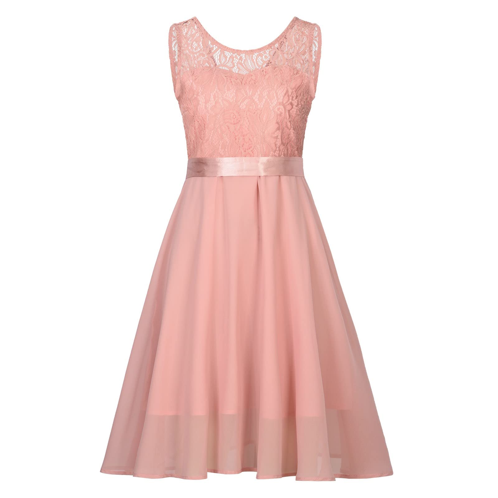 Elegant Lace Patchwork Sleeveless Skater Midi Dress for Women - Wedding Guest, Cocktail Party & Prom Night - Flowy A-Line Formal Dress for Special Occasions