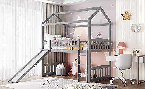 Kids Wooden Loft Bed with Slide & Ladder - Twin Size House-Shaped Frame with Roof & Guardrails for Boys & Girls - No Box Spring Needed (Gray) - Perfect for Bedroom, Playroom & Small Spaces