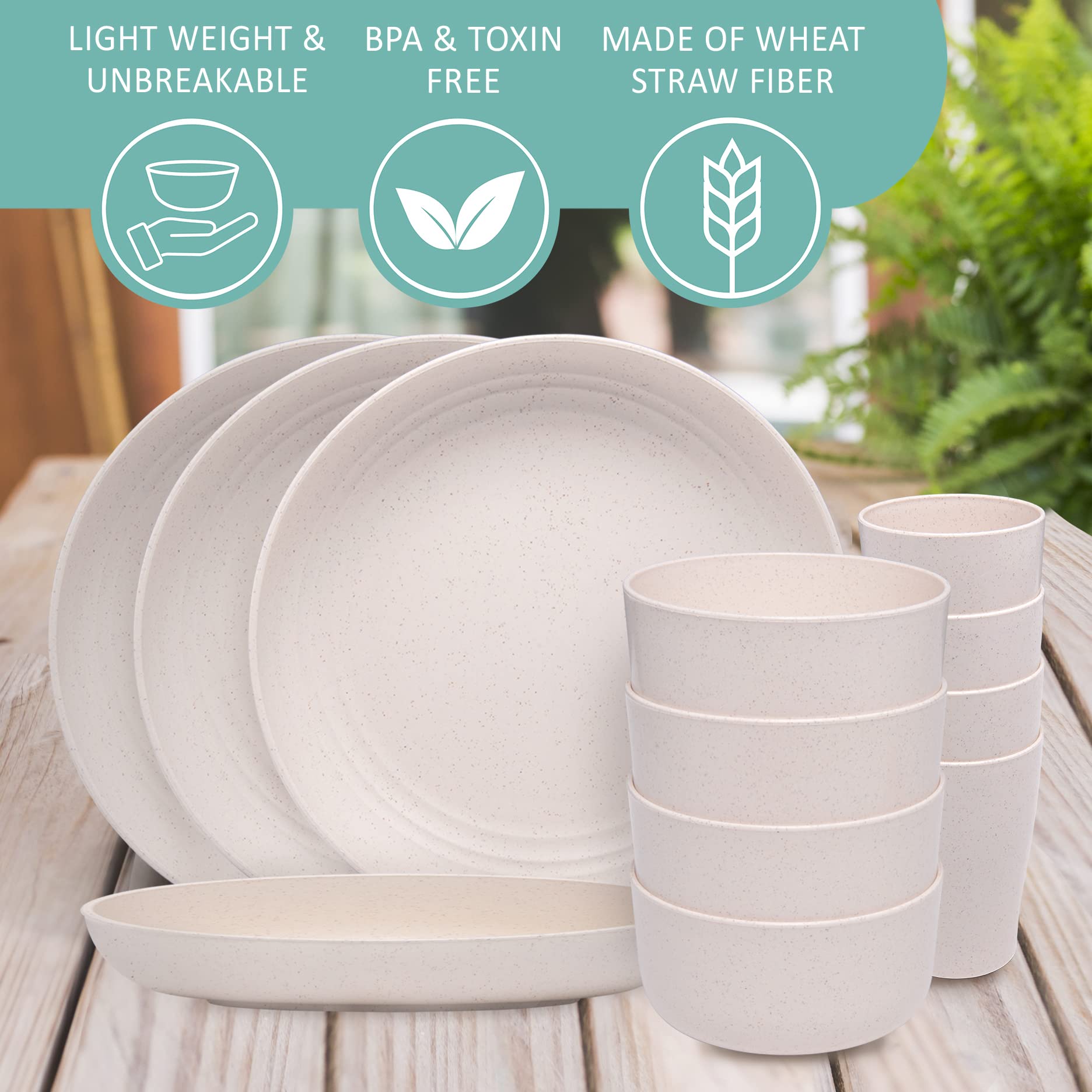 Eco-Friendly Wheat Straw Dinnerware Set - 12 Piece Cream Colored Plates, Bowls & Cups for Sustainable Dining | Perfect for Everyday Meals, Picnics & Parties