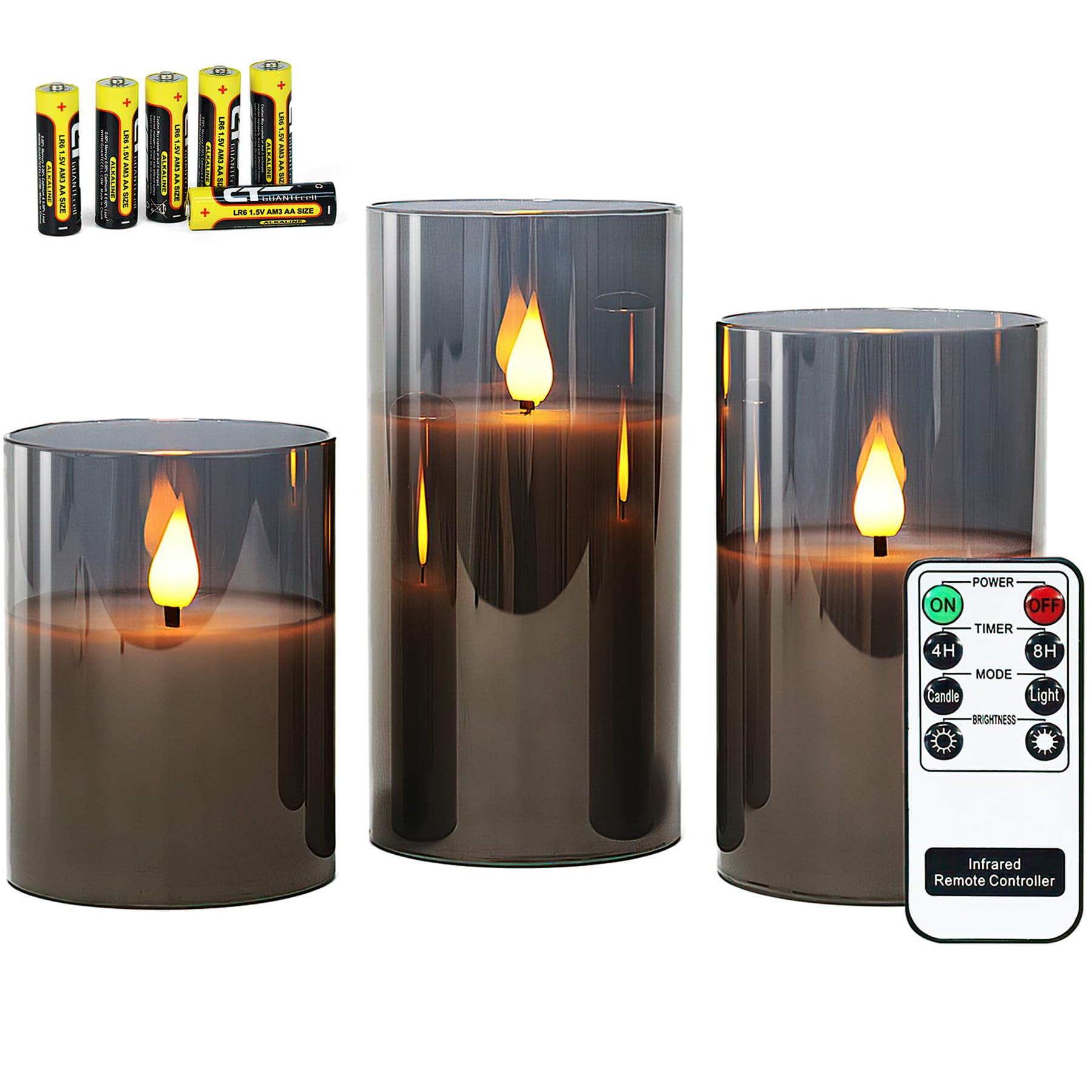 Rhytsing Gray Glass Battery Operated LED Candles with Remote - Flameless Candles Set with Warm White Light & 6 Batteries - Perfect for Home Decor, Wedding Centerpieces, Romantic Dinners & Holiday Lighting