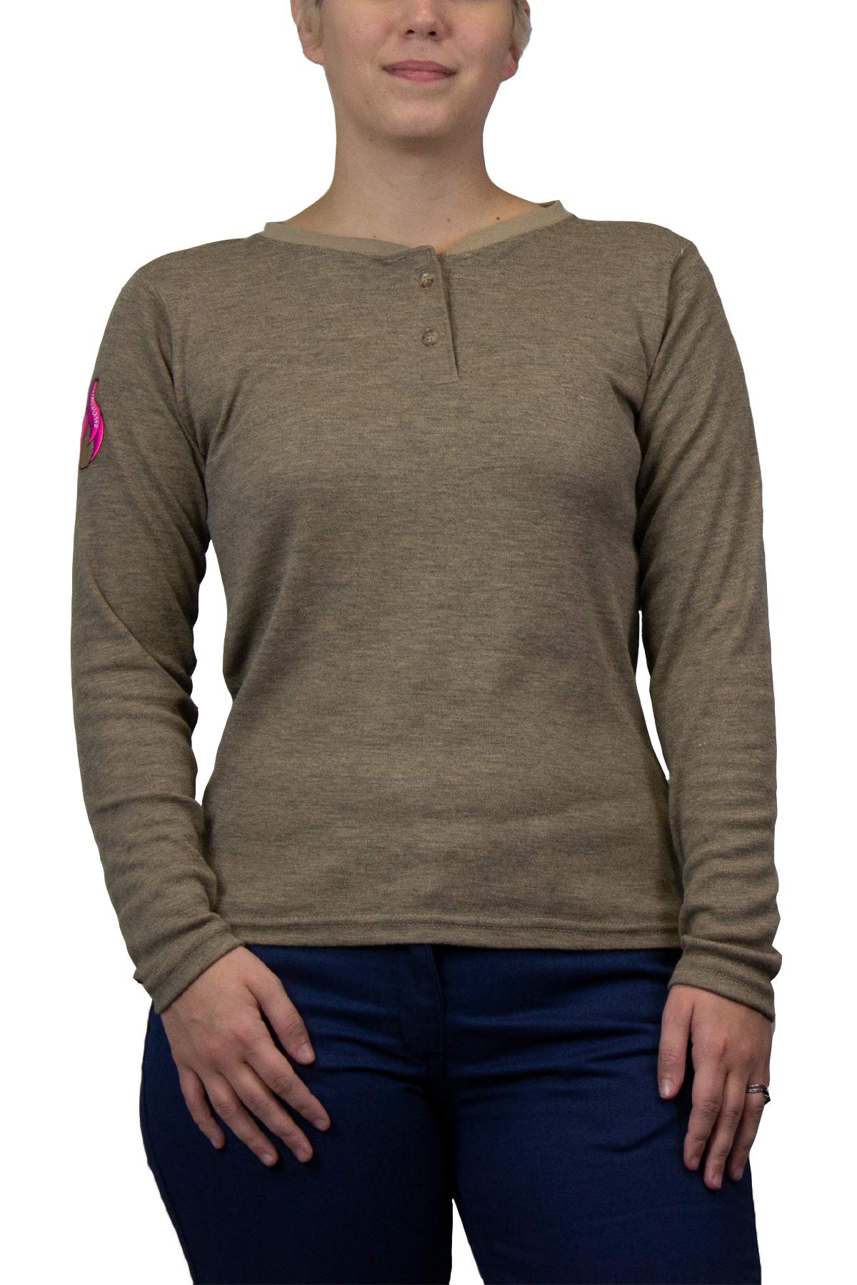 HauteWork Just The Basics FR Henley Shirt for Women - Flame Resistant Workwear, Small Size, Tan Color, Made in USA | Perfect for Construction, Oilfield & Industrial Safety Work