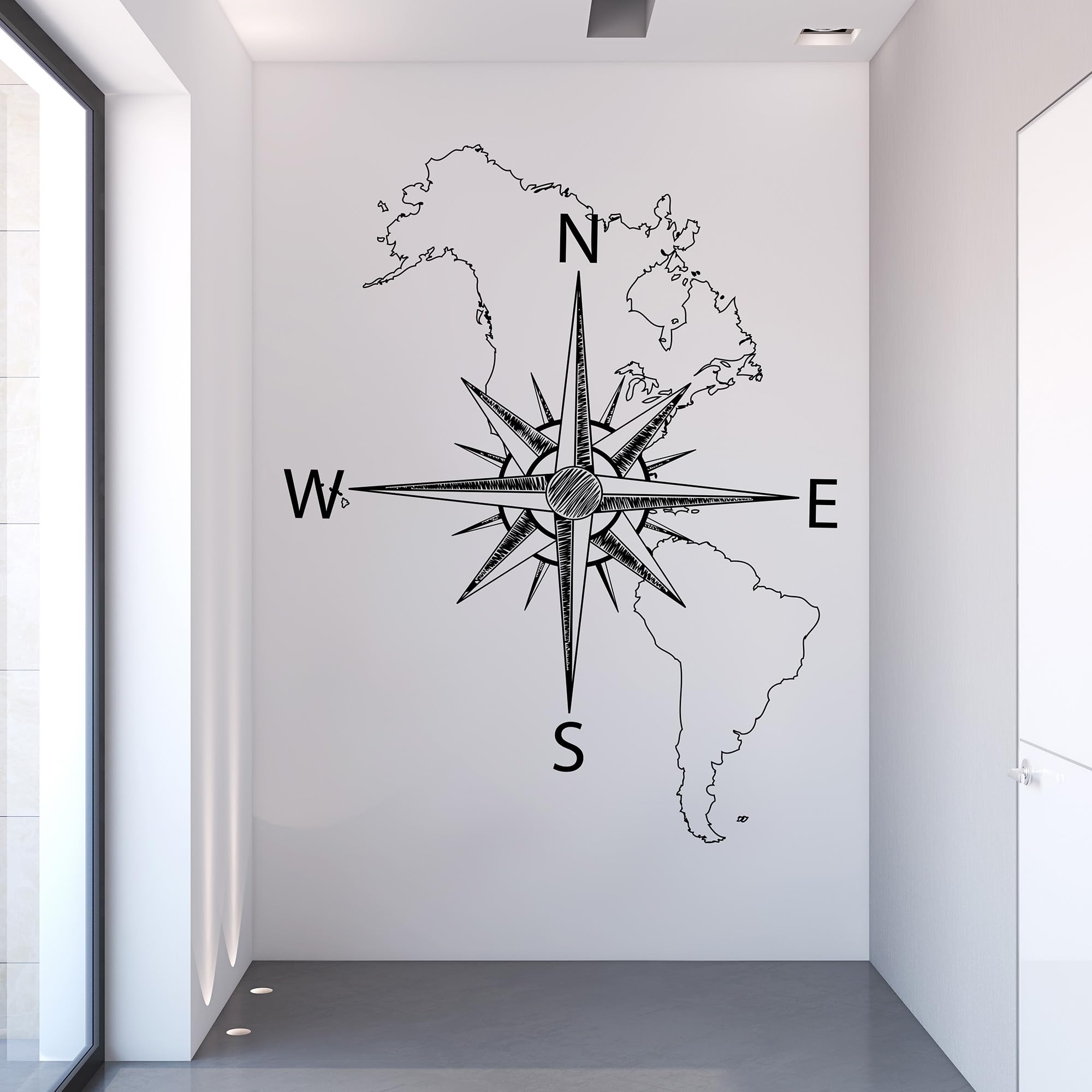 North & South America Vinyl Wall Art Map with Compass Decal - Black 72x57 Inch, Easy Apply & Removable Wall Sticker for Home, Office, Classroom, or Nursery Decor