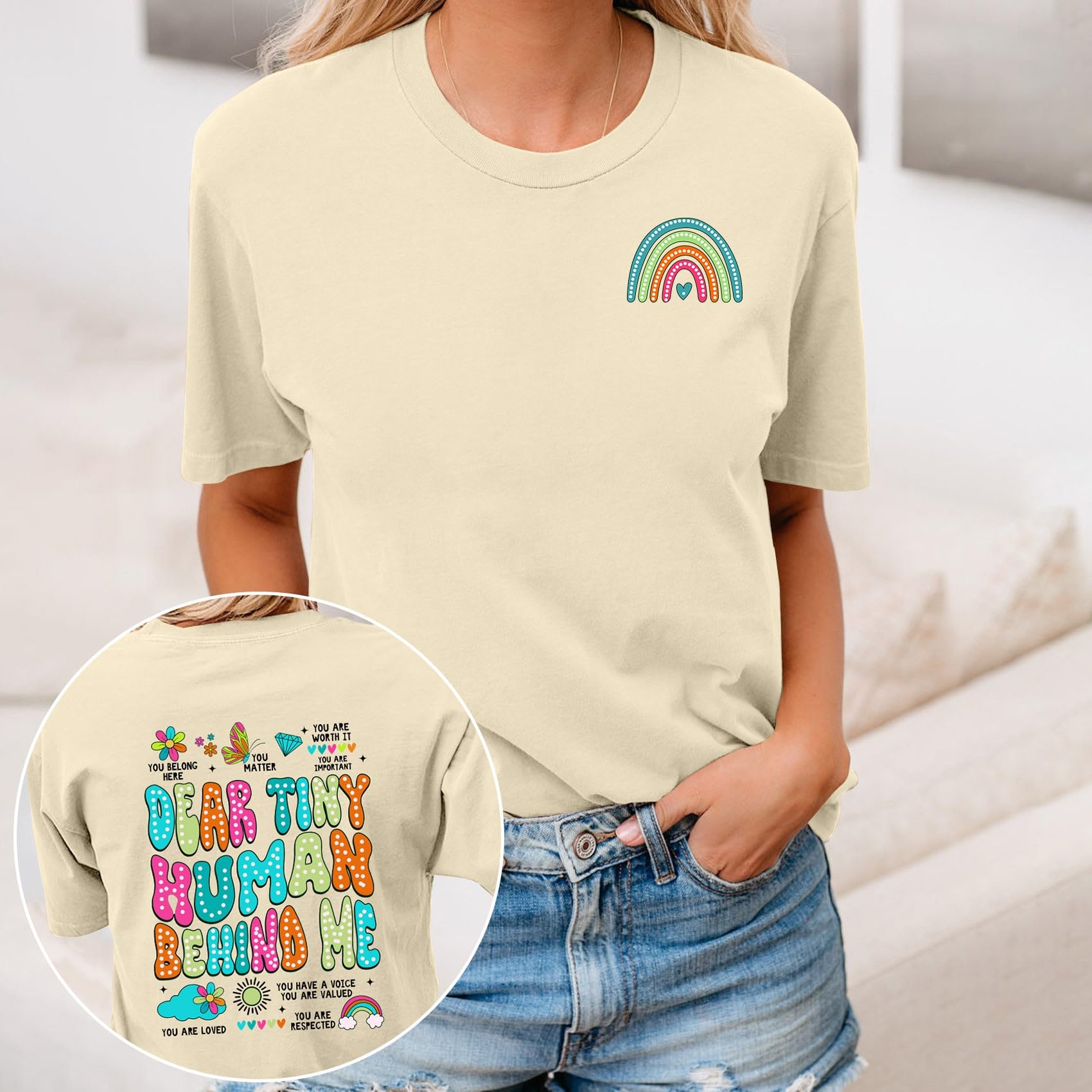 Funny Teacher T-Shirt for Women - Dear Tiny Human Behind Me Letter Print Teaching Top | Cute & Humorous Teacher Life Tee for Classroom, School, or Gifts