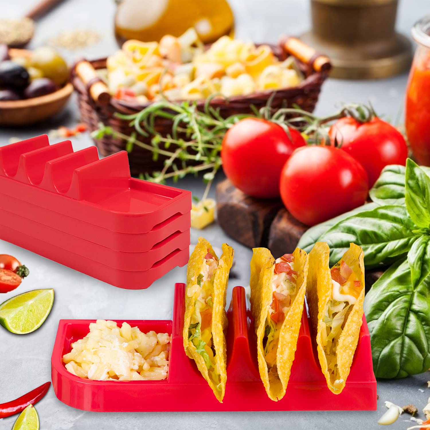 4-Pack Taco Holder Set - Large Plastic Taco Stand Tray for Soft & Hard Tacos (Holds 3 Tacos Each) - Colorful Taco Rack for Home Kitchen, Party Serving & Kids Meals - Perfect for Taco Tuesday, Mexican Fiesta & Family Gatherings