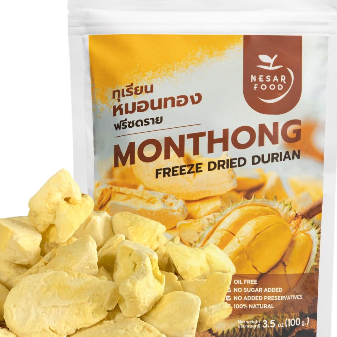 Premium Freeze Dried Durian 100% Natural - No Sugar Added, Real Fruit Snack, Crunchy & Delicious (3.5 oz) - Perfect for Healthy Snacking, Camping, Hiking & On-the-Go Nutrition